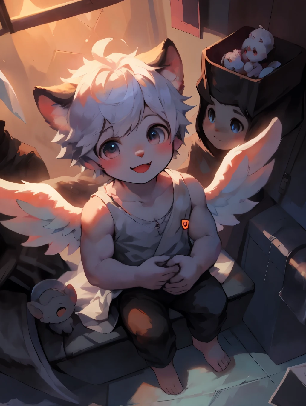 Shota,white hair ,male,Q version,(toddler,baby), Lovely, sitting, Master masterpieces, high resolution,8k,Detailed background,high quality,horny boy,(((solo))),(angel wings,angel halo,White clothes,barefoot:0.6),looking at the audience,perspective,from above,dreamlike,magic,(Warm light source:1.2),in the toilet,a happy expression,shorter pants