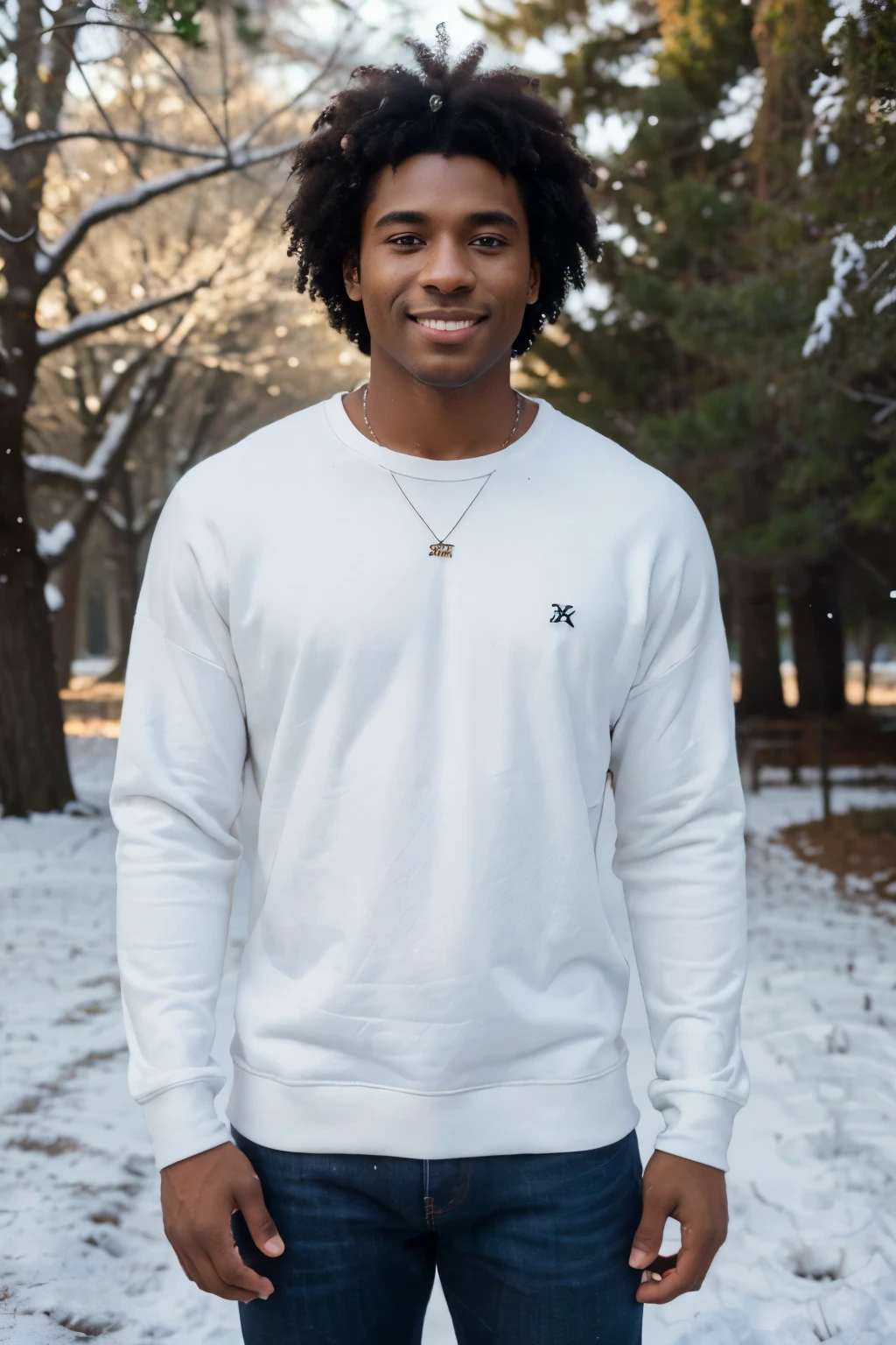 ((perfect photograph)), ((realistic)), ((8k)), (perfect face), gorgeous black man with dark afro hair, wearing a straight long white long sweat shirt and dark jeans, standing towards the camera, snowing, torso facing camera, outdoors, lots of light, smiling, large dark oak trees, lots of snow, bright blue eyes
