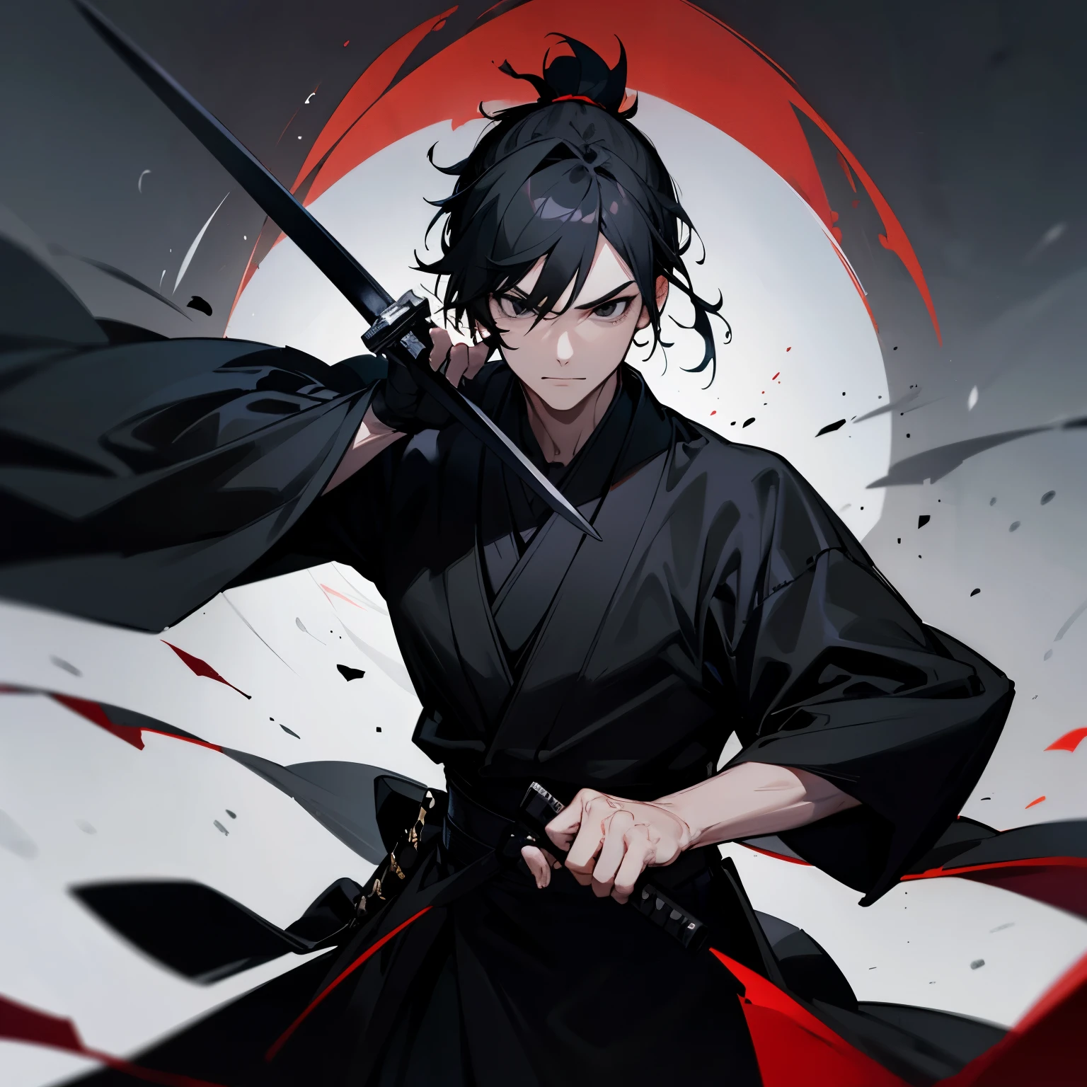 A adult man, with short hair of ponytail, black eyes, black kimono and long black cloak, holding a black sword, half muscular body, front to the camera, PFP, black scenery
