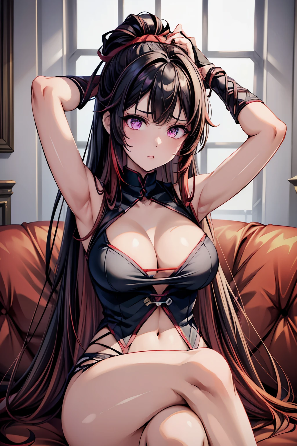 a woman sitting on a red couch, seductive anime girl, violet eyes, dark purple eyes, beautiful goth anime girl, detailed digital anime art, anime goth girl, extremely detailed eyes, black hair, goth anime girl with black hair, black hair with red highlights, dark red highlights in hair, cleavage, beautiful anime girl, beautiful alluring anime woman, extremely detailed artgerm, 8k, guweiz, detailed hands, shoulder length hair with red highlights, hair tied up, detailed face, two arms,
