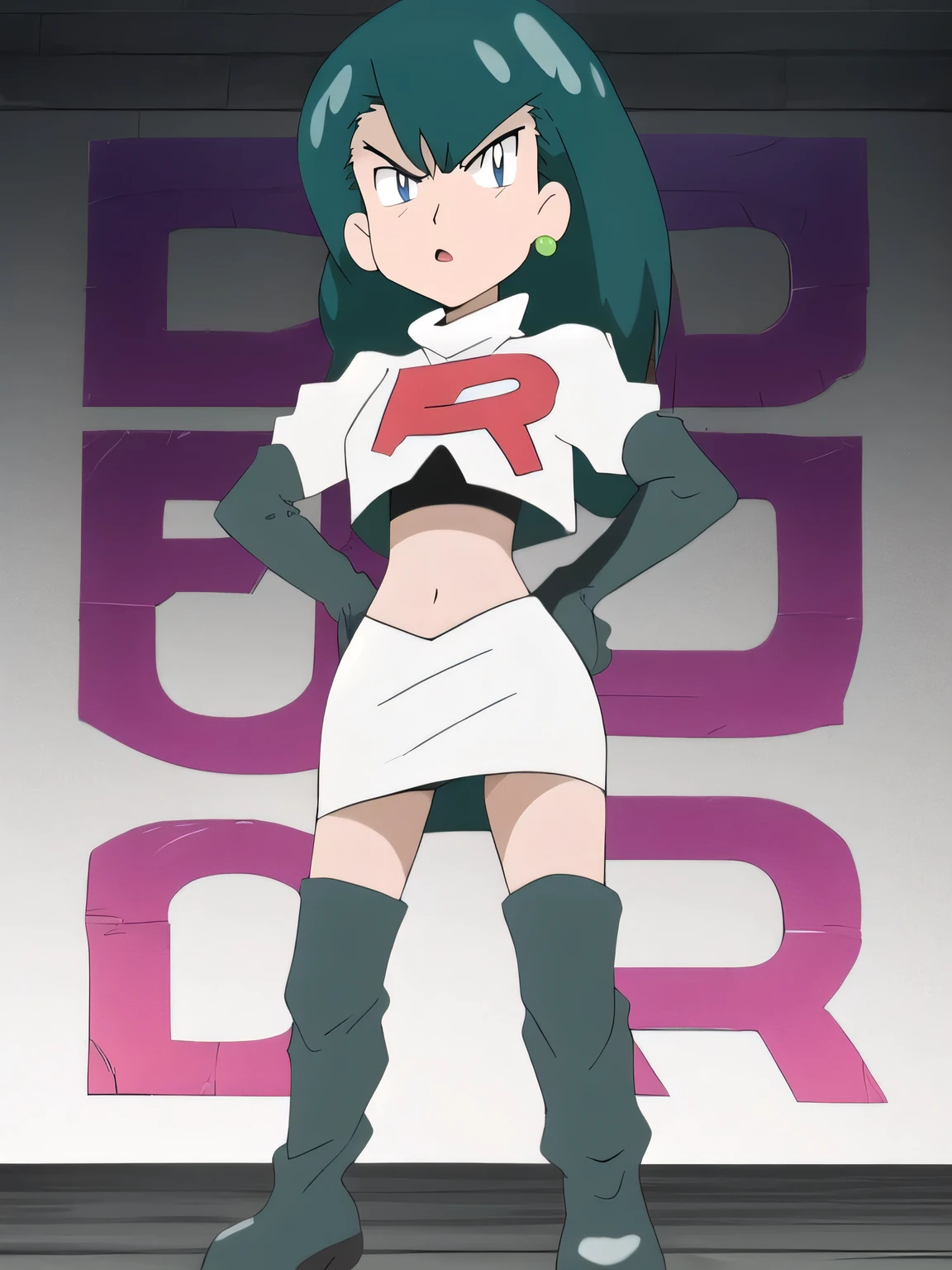 SabrinaPKMN, black hair ,glossy lips, earingsmasterpiece, best quality, highres,team rocket uniform, red letter r, white skirt, white crop top, black thigh-high boots, black elbow gloves, glaring angrily, looking at viewer, hands on hips, full body seen, zettai ryouiki