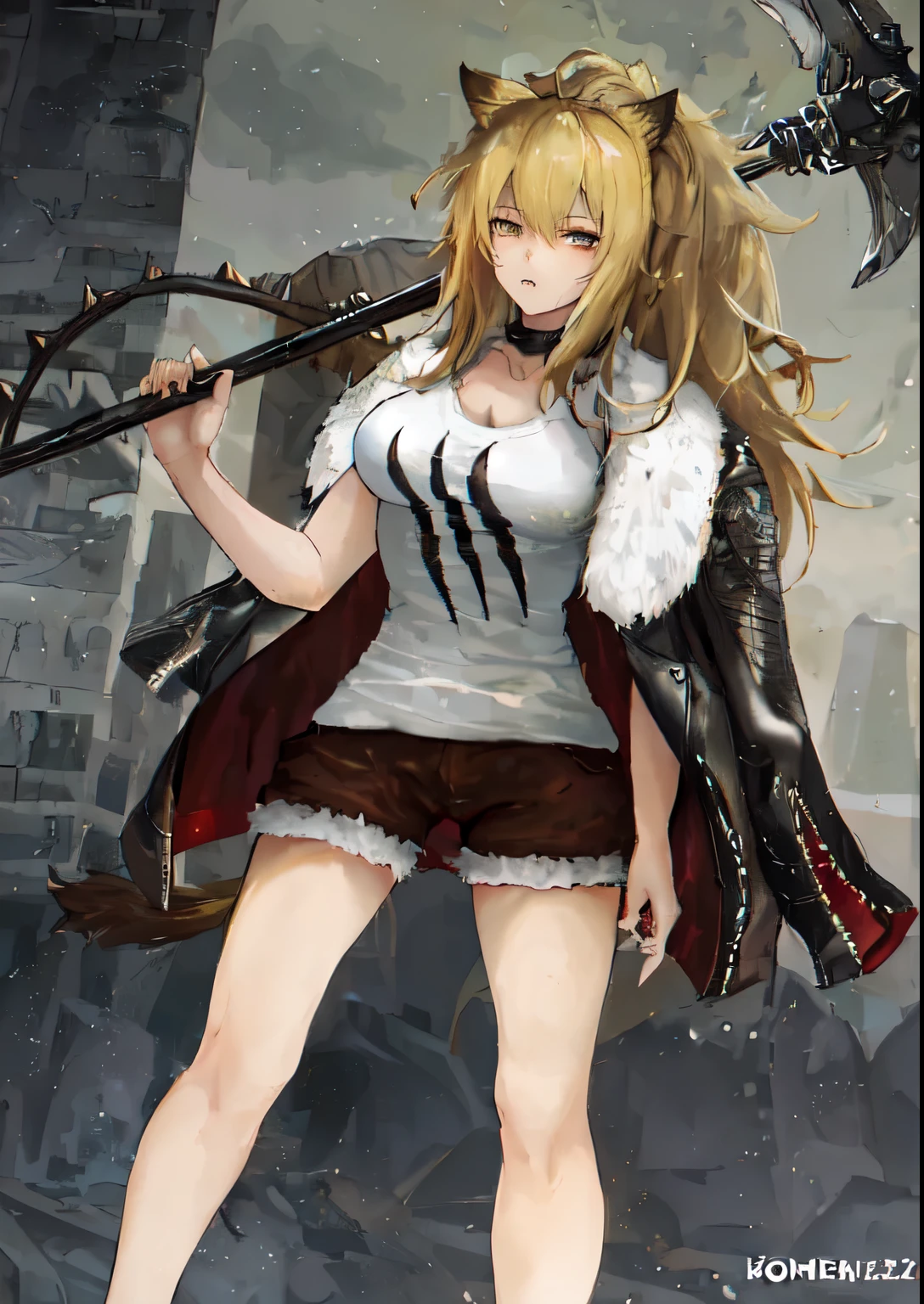 anime girl with a large axe in her hand and a white shirt, a very beautiful berserker woman, as a badass monster hunter, marisa kirisame, kantai collection style, blonde anime girl with long hair, anime monster girl, female action anime girl, female anime character, epic anime style, berserker, angry high moral sexy werewolf, anime character, sabertooth