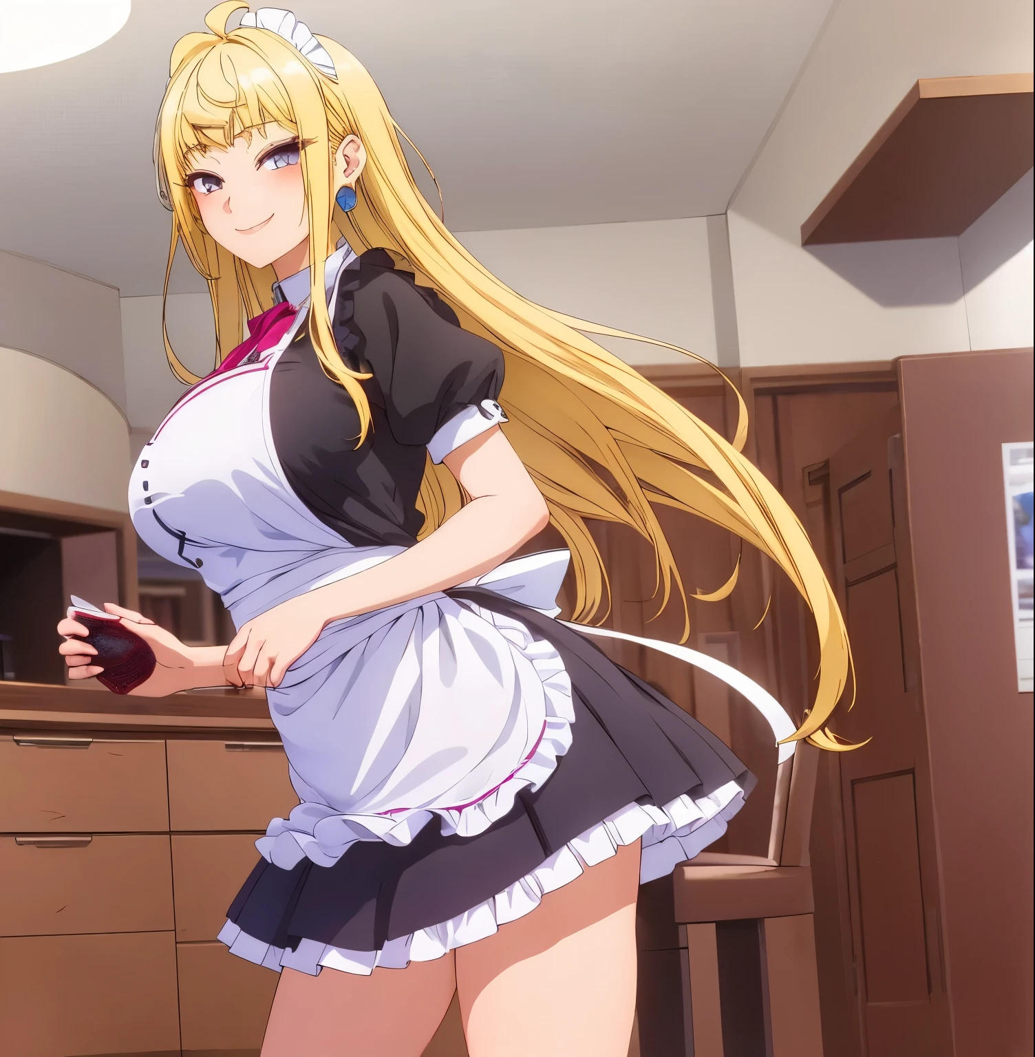 1girl, alone, minami fuyuki,masterpiece,best quality,highres,ultra-detailed,bbminami,long hair,large breasts,ahoge,indoors,cafe,maid,maid headdress,apron,(skirt hold:1.2),standing,cowboy shot,smile,large breasts, medium waist, wide hips, wide thighs, long blonde hair, violet eyes, earrings in the ears, excellent anatomy, excellent hands