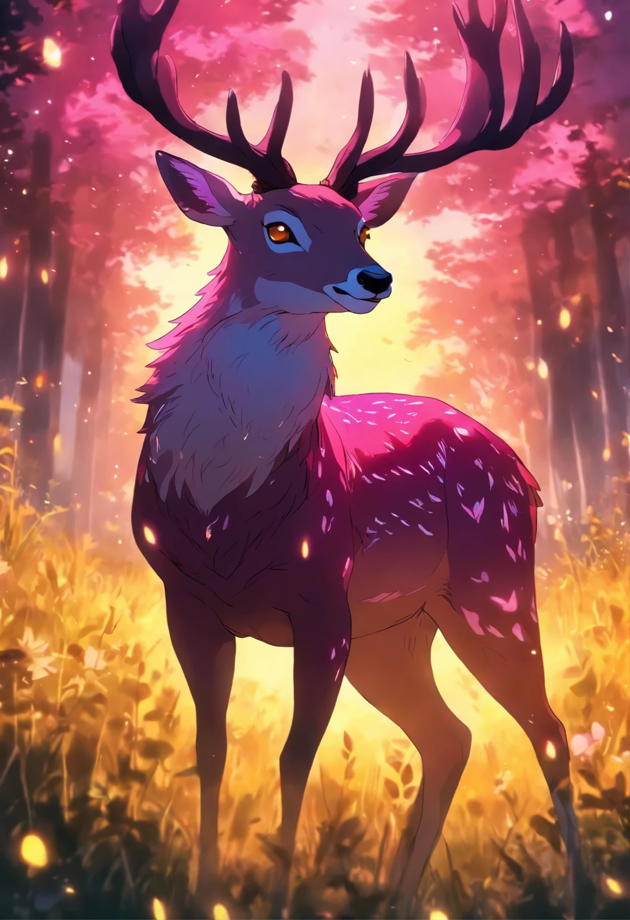 a detailed anime drawing of a large adult ((pink)) deer with ((bright yellow eyes)) that gives off a aura of grace with large heart-shaped antlers dashing through a meadow by itself