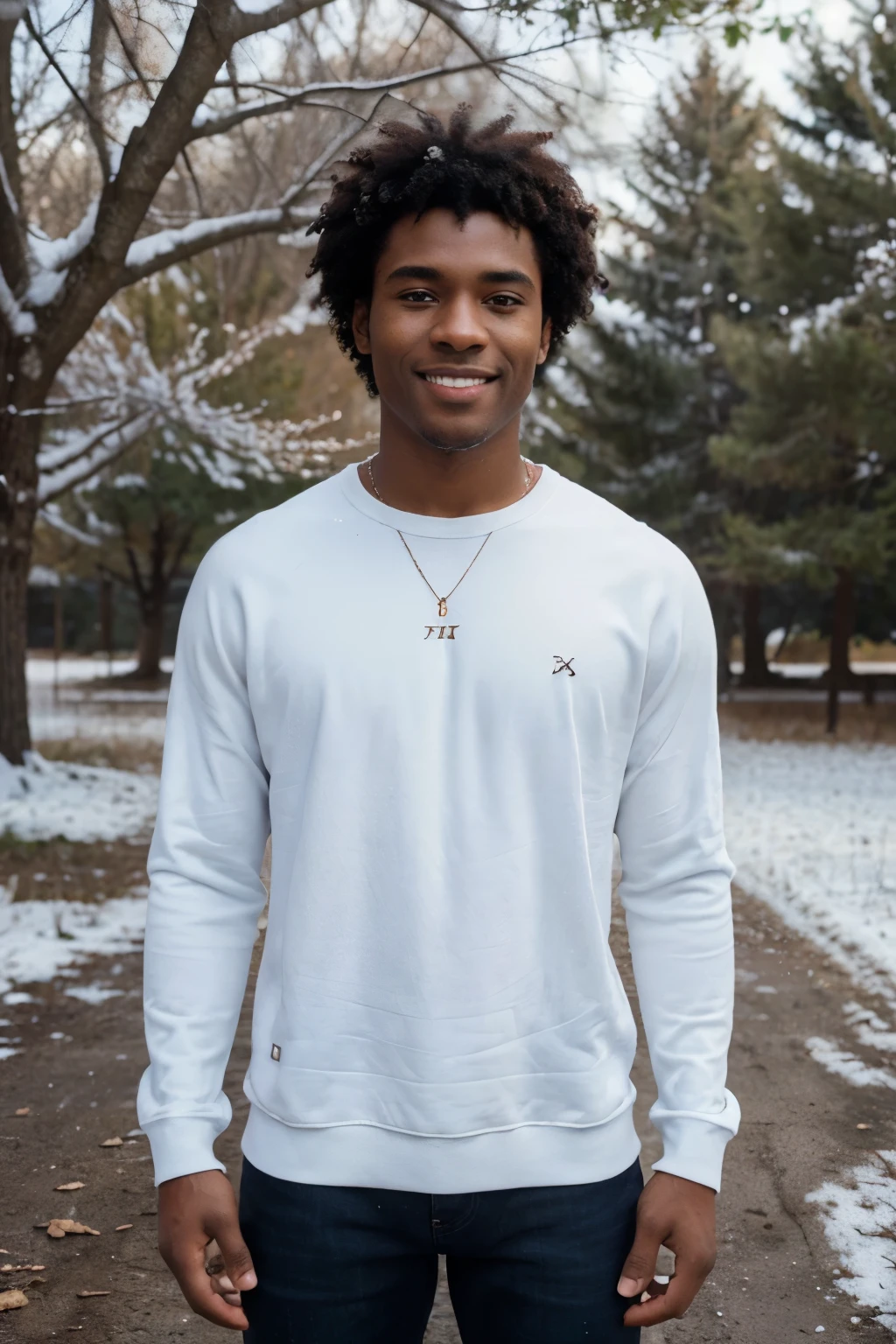 ((perfect photograph)), ((realistic)), ((8k)), (perfect face), gorgeous black man with dark afro hair, wearing a straight long white long sweat shirt and dark jeans, standing towards the camera, snowing, torso facing camera, outdoors, lots of light, smiling, large dark oak trees, lots of snow, bright blue eyes