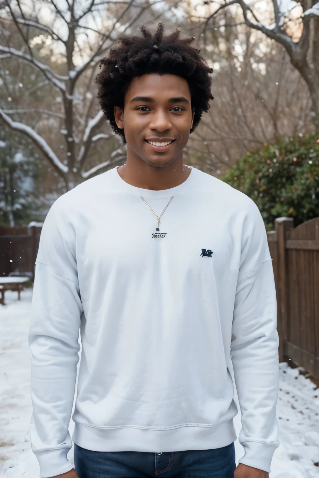 ((perfect photograph)), ((realistic)), ((8k)), (perfect face), gorgeous black man with dark afro hair, wearing a straight long white long sweat shirt and dark jeans, standing towards the camera, snowing, torso facing camera, outdoors, lots of light, smiling, large dark oak trees, lots of snow, bright blue eyes