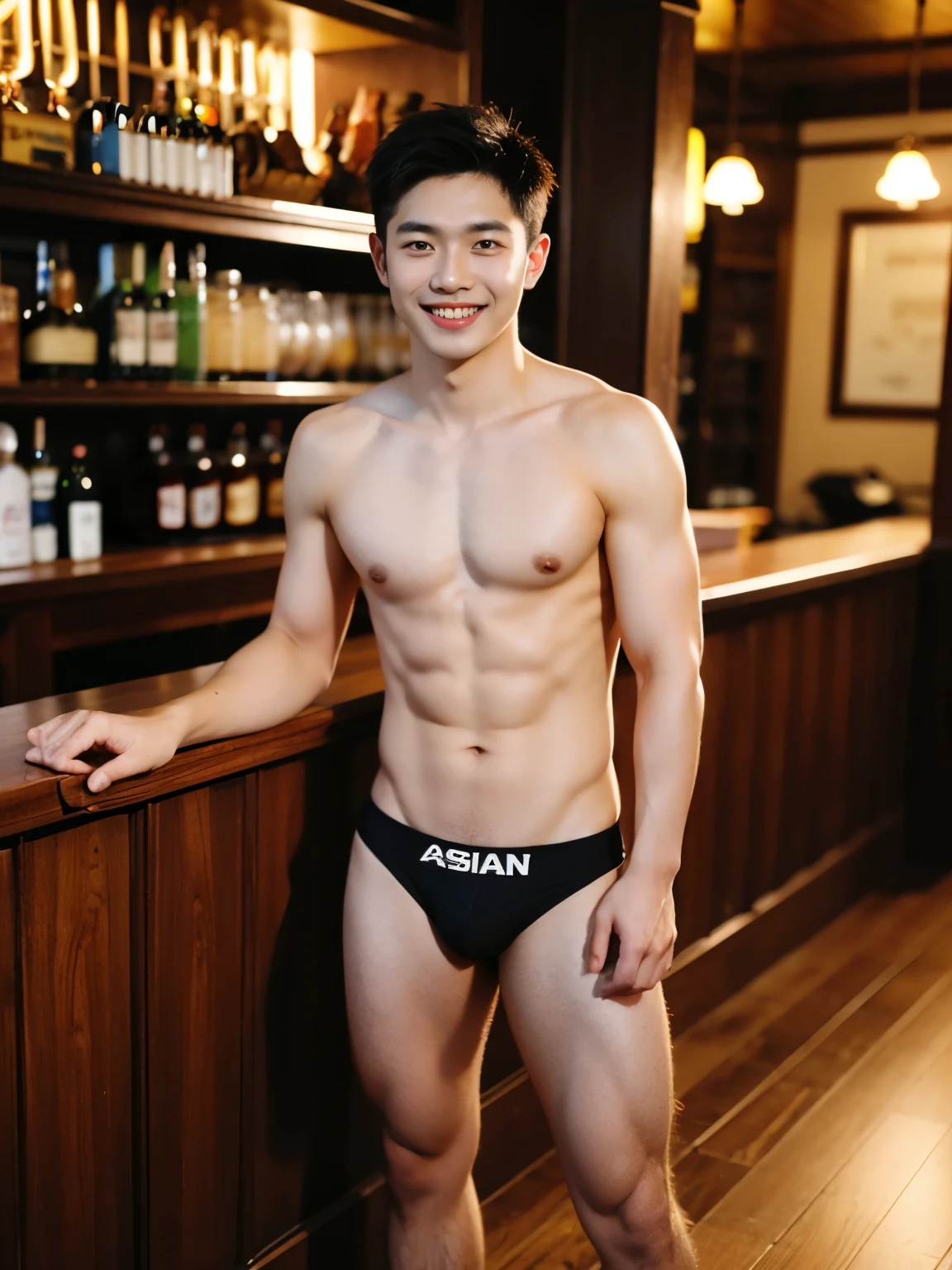 Highest quality, masterpiece, ar2:3, ((Asian muscular male)), completely naked, wearing only small micro string thong, standing, bar front, neon, blushing, smiling