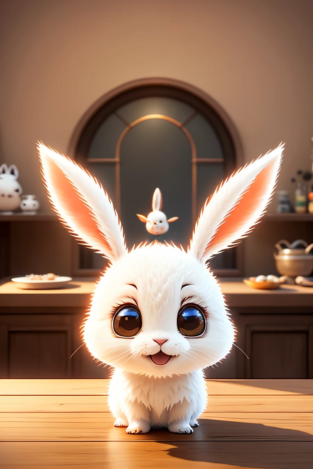 Cute little bunny waves and smiles to say hello to me, Unreal Engine, cozy indoor lighting, art station, detailed digi, Normal, role conception：Mark Leyden、Pixar and Hayao Miyazaki, Unreal 5, daz, Surreal, octane rendering, 3DMDT1