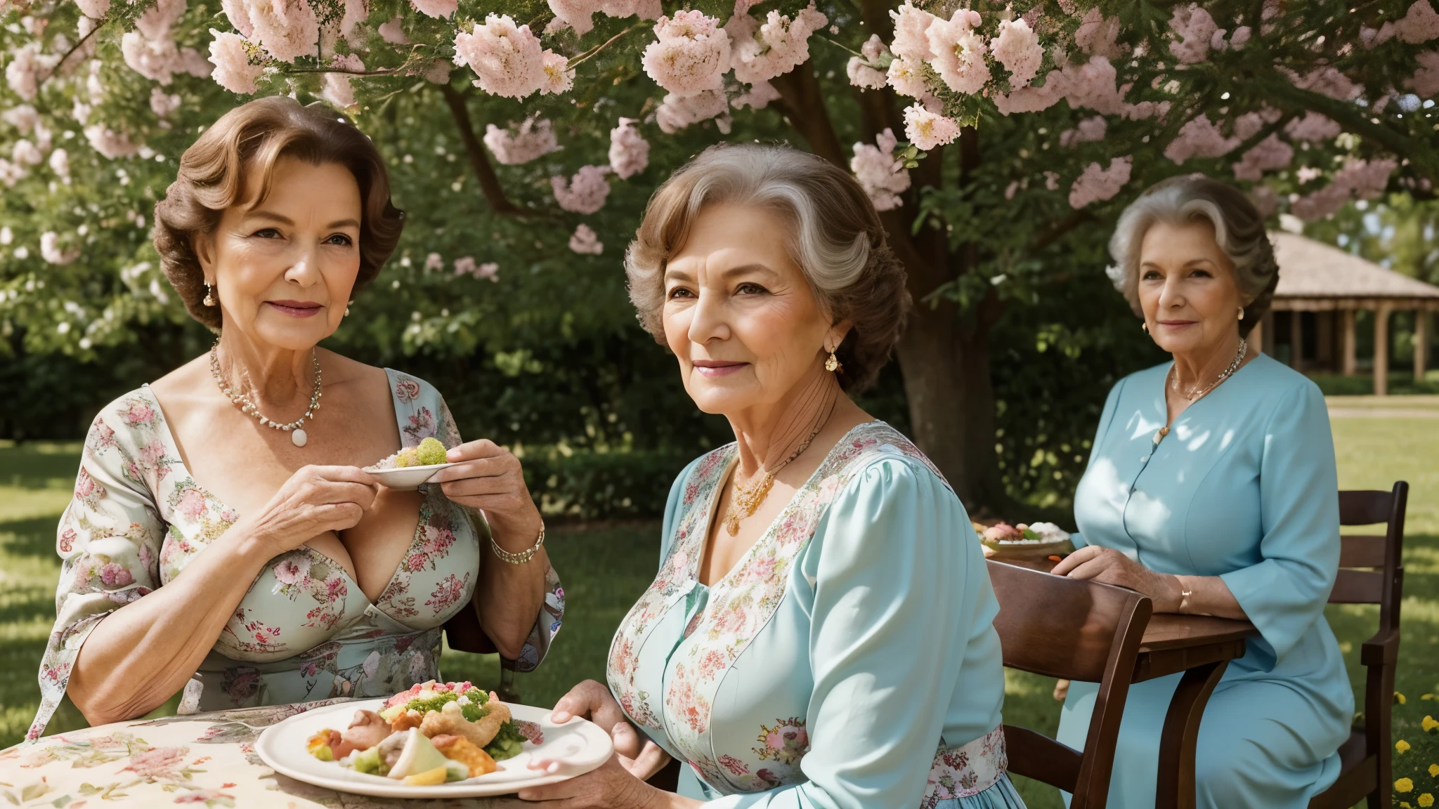 masterpiece, high-level image quality, depth of fields, beautiful mature women, 80 years old, with beautiful curled brown hairs, up of face, wearing beautiful old ladies dress, in a chair with food on a table under a beautiful tree and flowers around, close pic view, Fancy makeup, (gigantic, big breasts ;1.7), beautiful face, perfect body