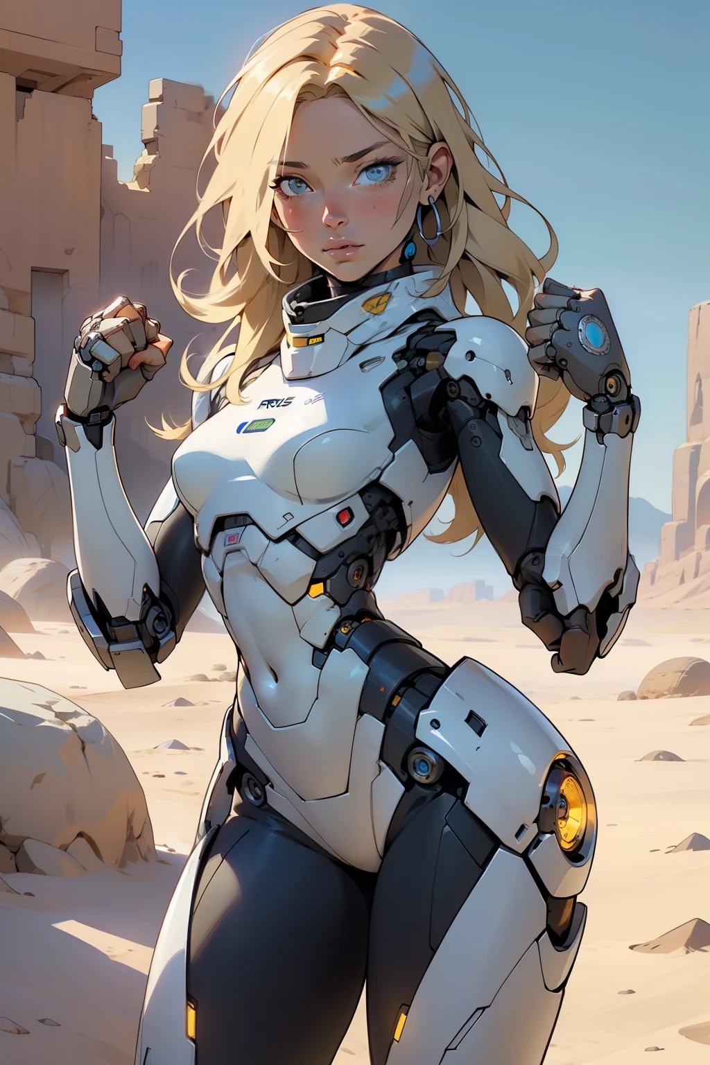 high quality, 4k, masterpiece, beautiful, cyborg girl, cowboy shot, dull eyes, looking at viewer, long blonde hair, girl, small breasts, fit thigh, robotic arms, robotic body, cyborg body, yellow accent, intricate detail, joint, detailed lines, robotic detail, holding fist up, holding hand up as fist, color robotic parts, robotic parts with color, perfect fingers, on a desert planet, sunny background, colorful desert,