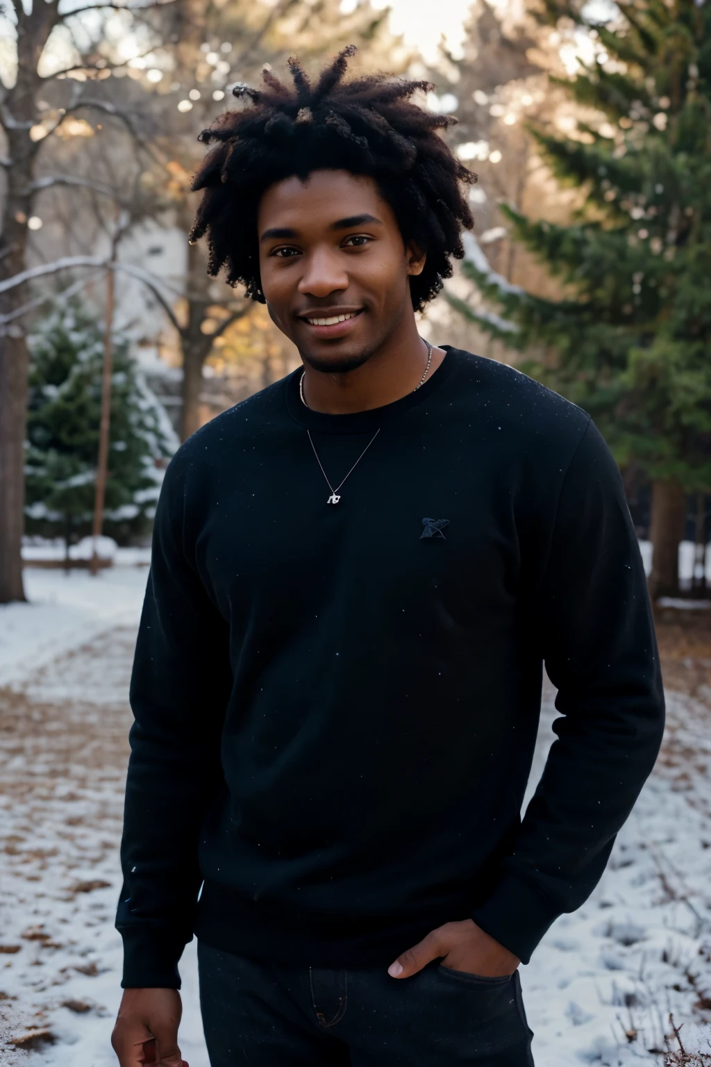 (( black male, 22 years old, handsome, strong built)) ((Wearing square design printed white sweater)) sitting on a bench in the park, looking around and reflecting on their life. The falling autumn leaves add to the contemplative mood.