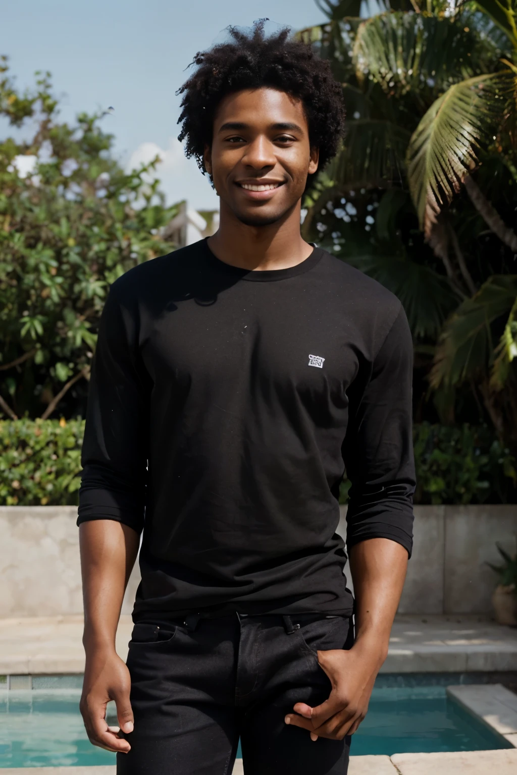 ((perfect photograph)), ((realistic)), ((8k)), (perfect face), gorgeous black man with dark afro hair, wearing a straight long black t-shirt and dark jeans, standing towards the camera, sunny day by a pool, torso facing camera, outdoors, lots of light, smiling,  lots of plants, bright blue eyes