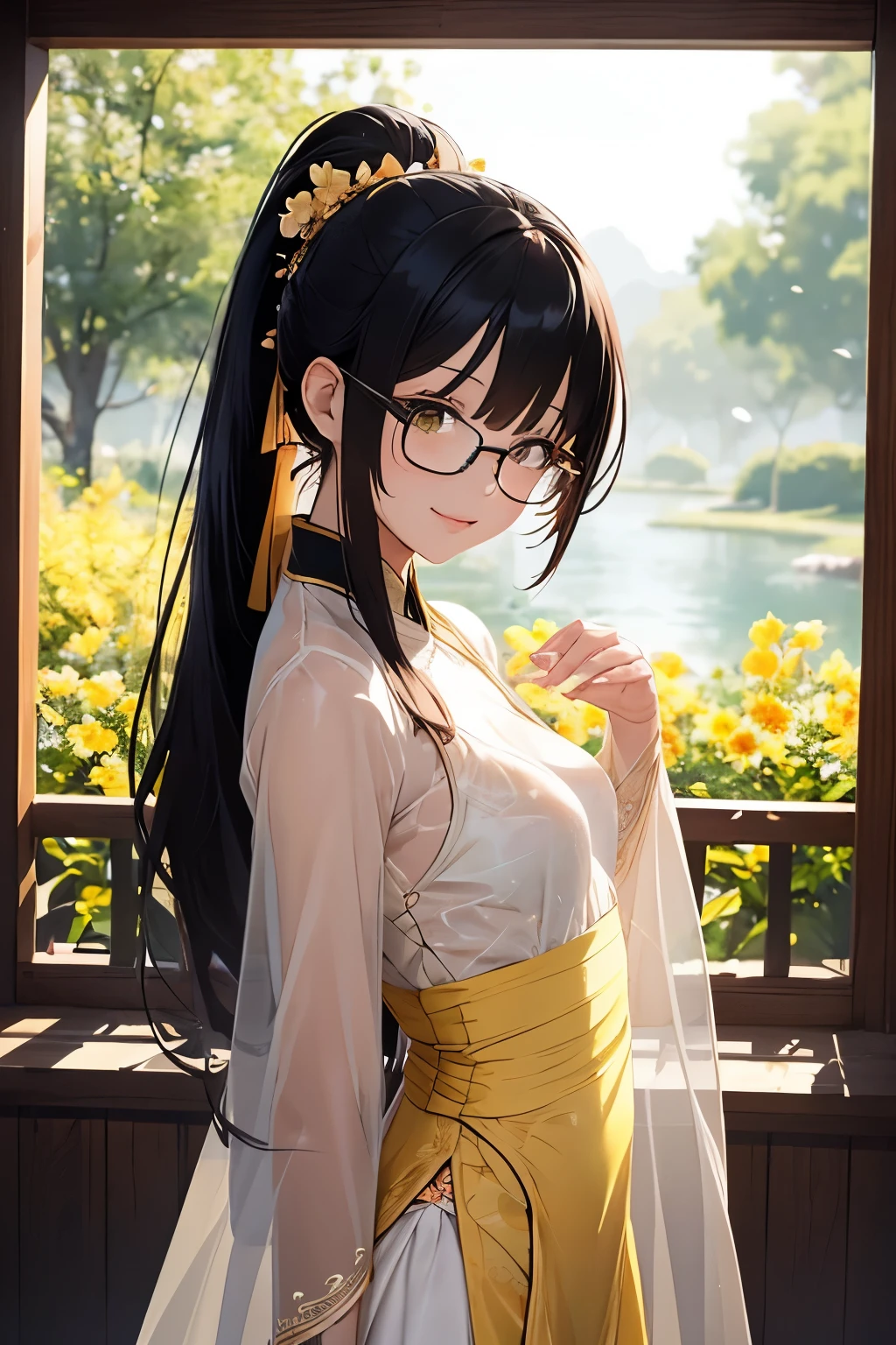 Beautiful girl, black hair in a ponytail, bangs, a hair accessory, wearing glasses, a bright smile, small breasts, a slim waist, (wearing a hanfu ((see-through)) with many layers of intricate details (light yellow)) , Dresses fluttering in the wind, seductive dances, the backdrop is an island with only peach trees in full bloom, many peach petals fluttering, morning light, anime, high quality