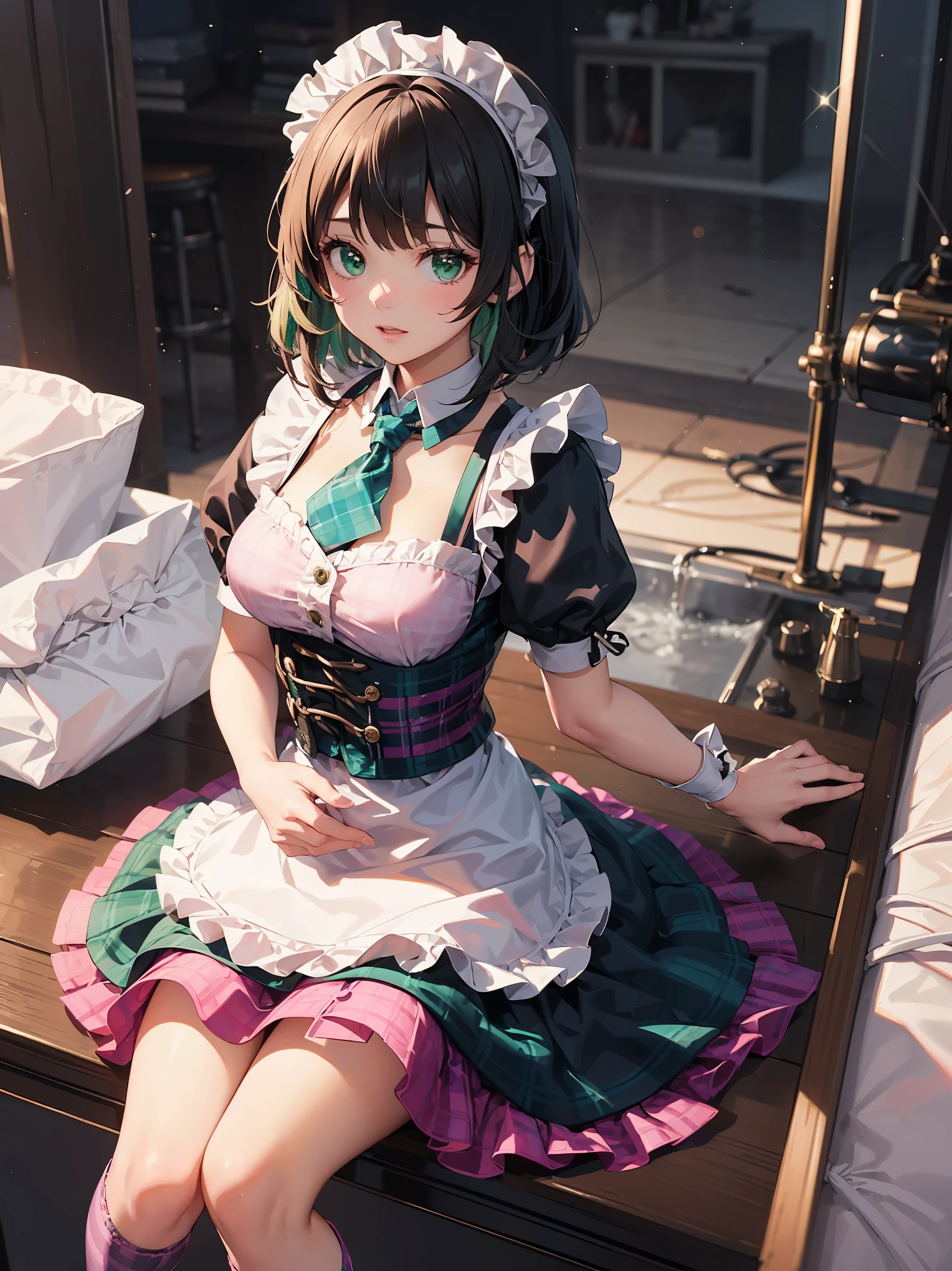 Legendary masterpieces、absolute resolution、Super detailed and realistic stick、one girl、cute girl、white brim、可愛いpink色の大きなリボン、(pink&Dark green plaid Victorian maid dress made of taffeta fabric, mainly shantung fabric and organdy fabric with beading processing.、:1.5)、With raschel stretch lace or tulle at the hem of the dress、(Gold buttons on the front:1.2)、(frills、red tie、White jacquard blouse:1.4)、(Peach cardigan with loop yarn and glitter、cable knit patterns:1.3)、(Shiny black tights denier20:1.1)、One length bob cut braid black hair、Fine silky smooth hair、super detailed soft costume,