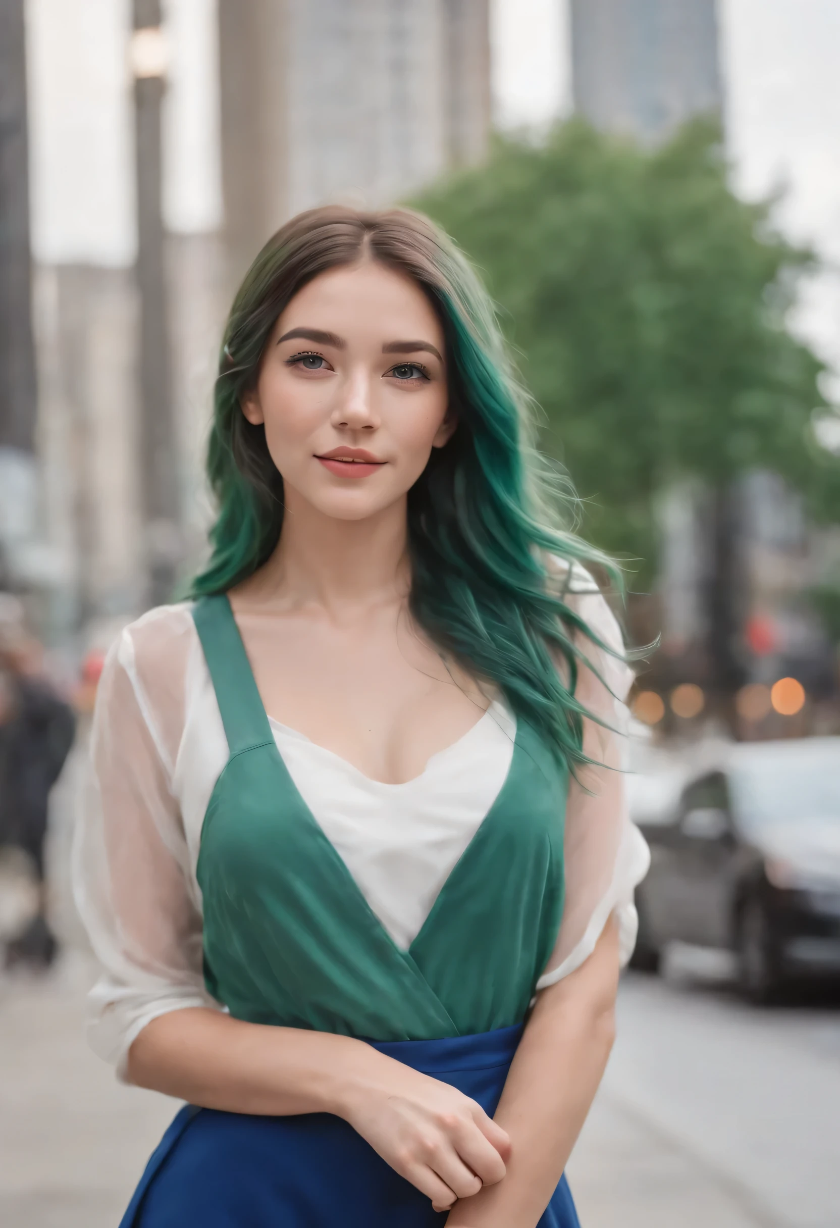 1girl, nude, young, happy, green hair with brown mixed in , energetic, blue skirt, white blouse, freckles, she's a wizard , windy background in the city of Seattle, photorealistic, bright lighting, detailed
