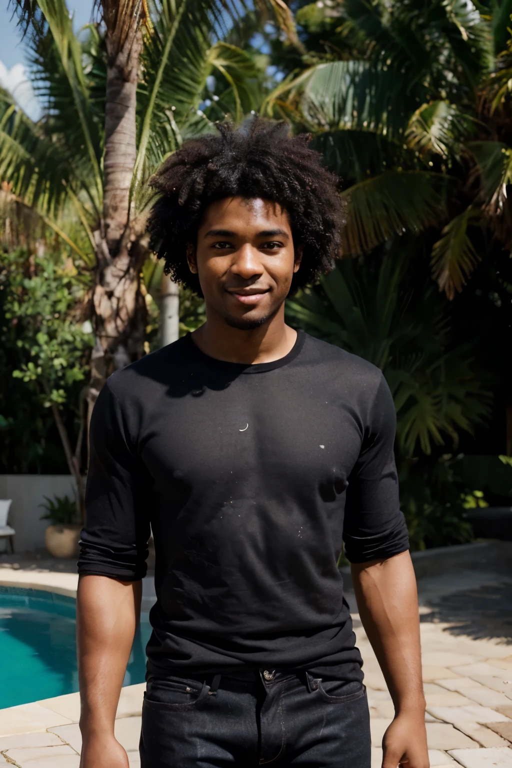 ((perfect photograph)), ((realistic)), ((8k)), (perfect face), gorgeous black man with dark afro hair, wearing a straight long black t-shirt and dark jeans, standing towards the camera, sunny day by a pool, torso facing camera, outdoors, lots of light, smiling, lots of plants, bright blue eyes