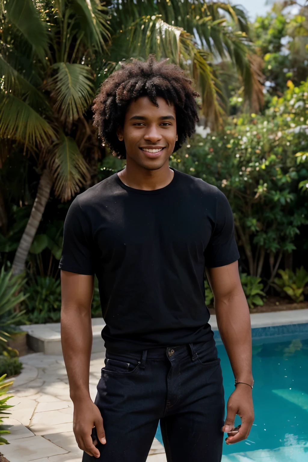((perfect photograph)), ((realistic)), ((8k)), (perfect face), gorgeous black man with dark afro hair, wearing a straight long black t-shirt and dark jeans, standing towards the camera, sunny day by a pool, torso facing camera, outdoors, lots of light, smiling, lots of plants, bright blue eyes
