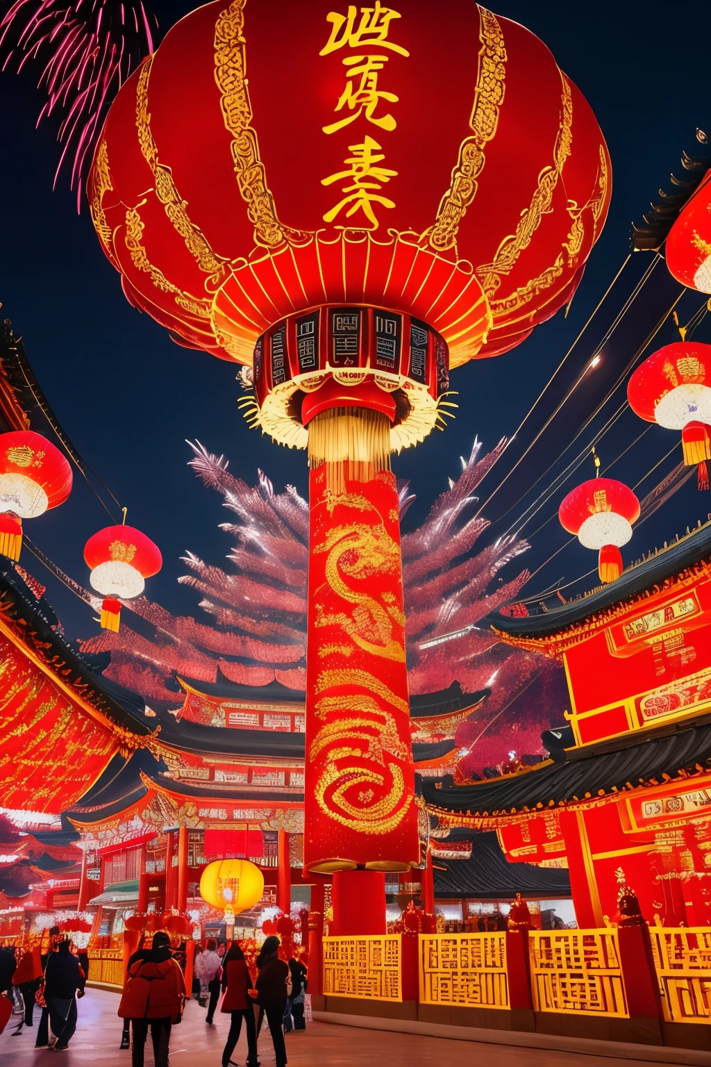 Masterpiece, ultimate quality, Cg unity 8k wallpaper, vibrant and lively, festive atmosphere, Chinese dragon, lifelike and powerful, fireworks exploding in the sky, red and golden lanterns illuminating the night, intricate traditional patterns adorning the foreground and background, rich and intriguing details, bringing to life the enchanting ambiance of the Chinese Spring Festival.