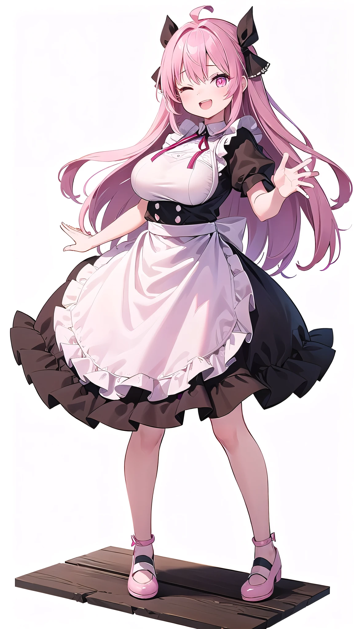 1 girl, game cg, brown short frilled dress, hair ribbon, small apron,(gigantic breasts:1.2), pink hair, long hair, straight hair, ahoge, pink eyes, standing,(white background:1.2),(full body :1.2),smile,open mouth,one eye closed,outstretched hand,