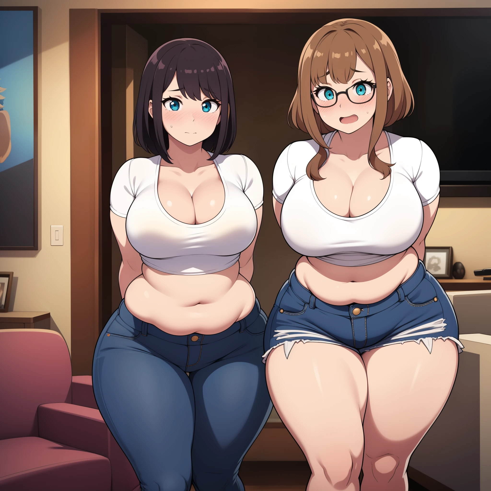 ((highres)), Masterpiece, high quality, best quality, beautiful, perfect lighting, detailed face, ultra cute face, cowboy shot, ((2girls)), (blush), embarrassed, one girl has blonde hair, blue eyes, crop top and shorts, one girl has brown hair, green eyes, jeans, white shirt, tight clothes, living room, medium breasts, cleavage, (wide hips), ((thick thighs)), (chubby), fat folds, belly hang, standing next to each other, arms behind back, harem,