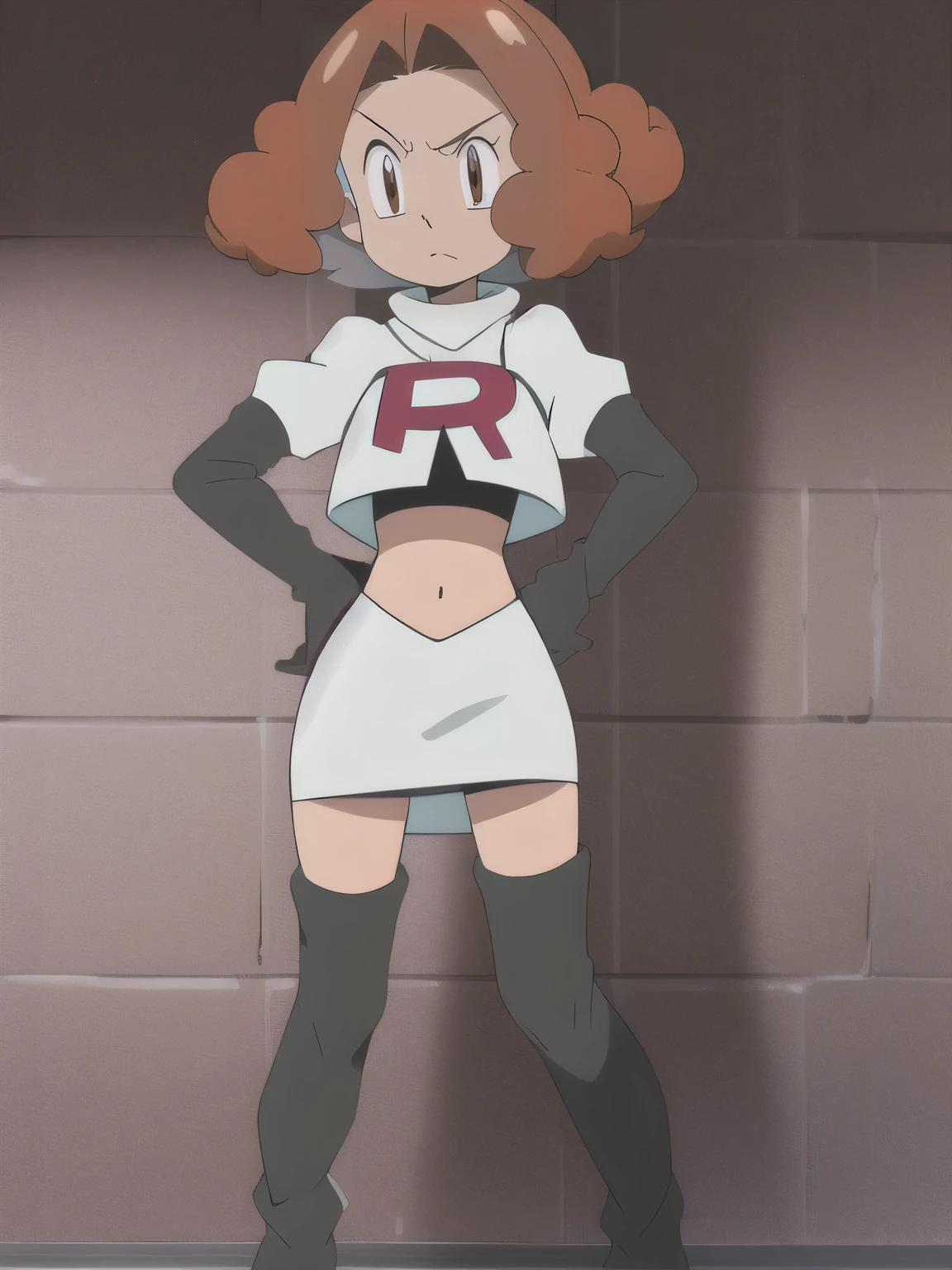 haru okumura, (brown eyes:1.5), brown hair, short hair, ,glossy lipsmasterpiece, best quality, highres,team rocket uniform, red letter r, white skirt, white crop top, black thigh-high boots, black elbow gloves, glaring angrily, looking at viewer, hands on hips, full body seen, zettai ryouiki