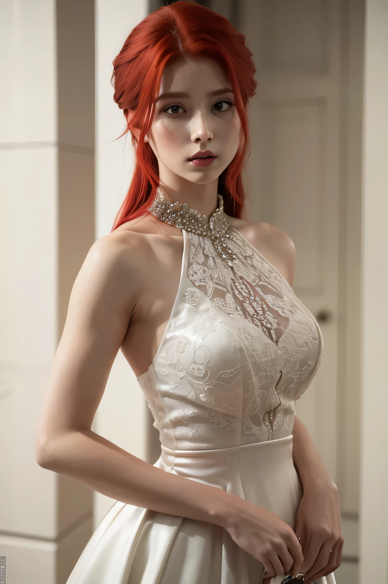 An attractive woman with red hair and a serious face, vestida elegante com vestido, hiper realista absurdo, foto crua, 8K UltraHD, alta qualidade, Film grain, (pele altamente detalhada:1.2)