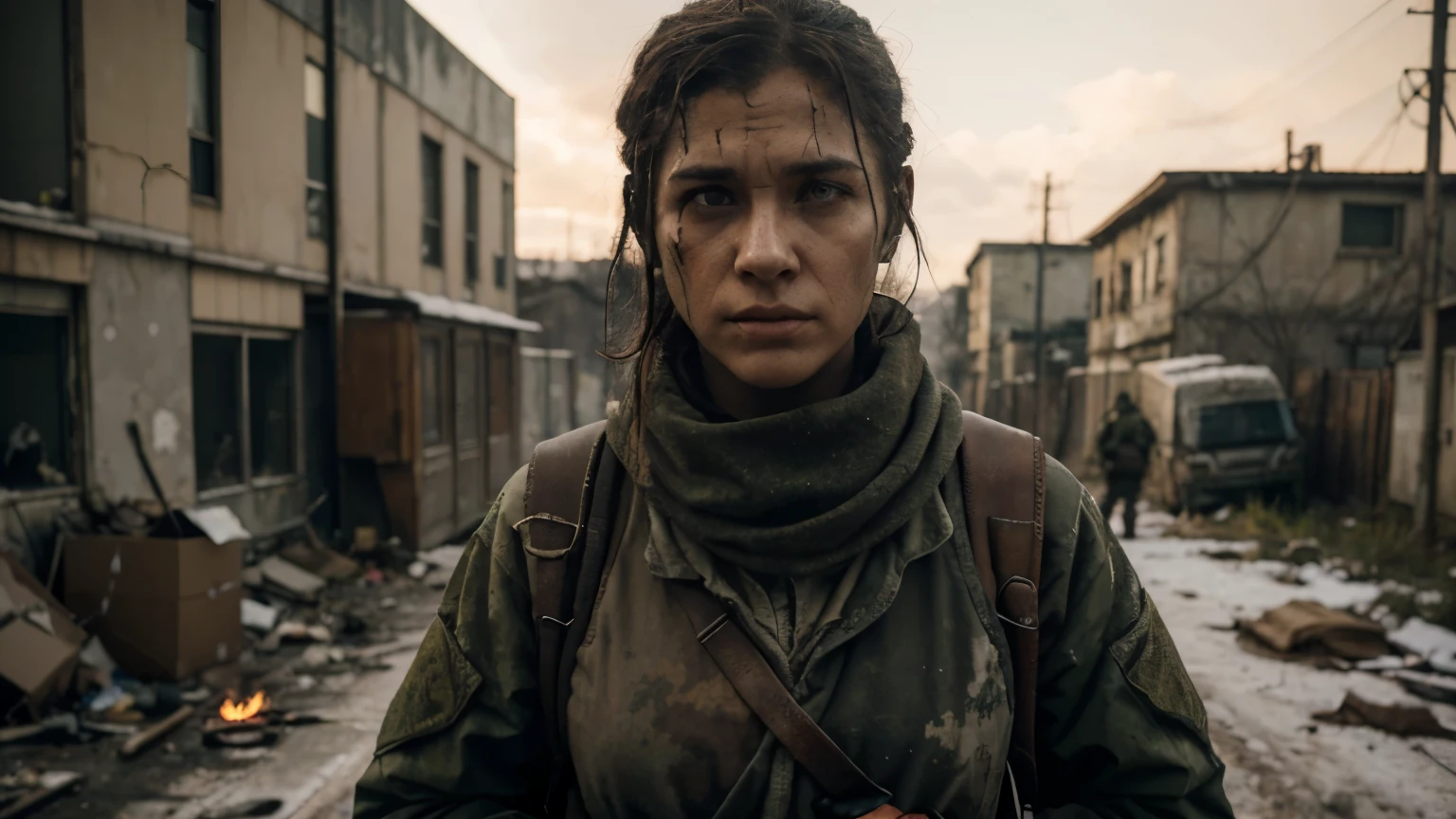 "Draw a survivor from the DayZ game in a post-apocalyptic setting, wearing improvised survival clothing, carregando uma mochila e segurando uma arma improvisada. The character must reflect the determination and exhaustion of living in a devastated world, with visible scars and a careful look at the surrounding environment."