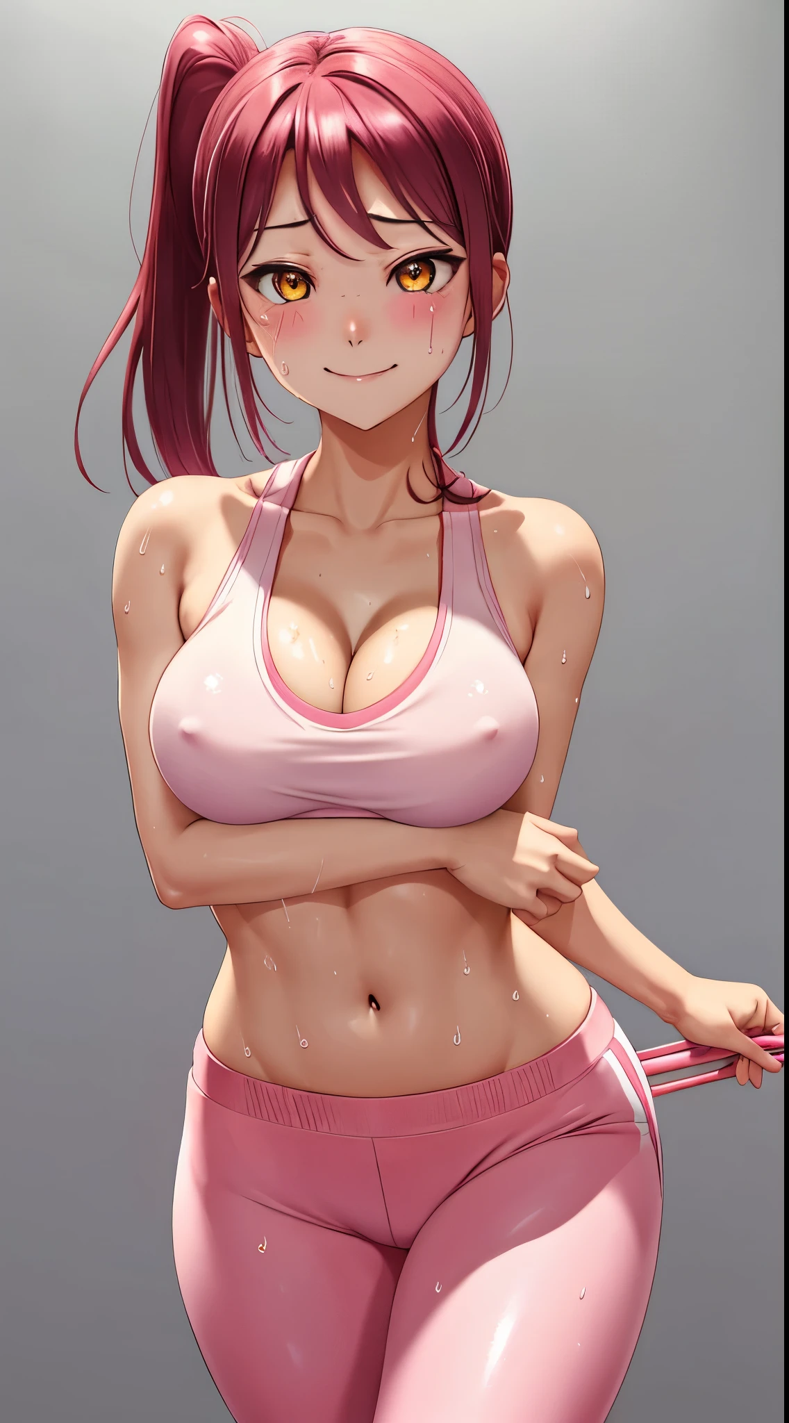 Sakurauchi riko, yellow eyes, pink skinny sweet pants, tight gym bra, oiled skin,sweat drops , slightly smile,(thicc:0.89), (cleavage), white simple background 