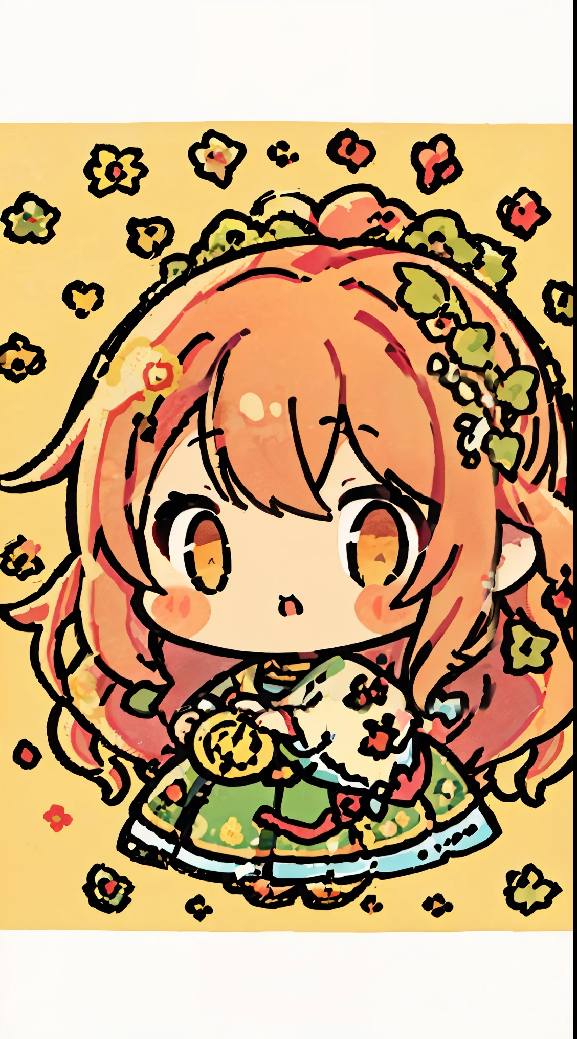 Chibi、超A high resolution、A detailed illustration、a girl solo:1.5、full body Esbian、cute little、A pink-haired、The long-haired、Golden Eyes、beautidful eyes、rabbitears、Tarot Cards(Ivy frame with flowers),Plant illustration、Colored pencil art style