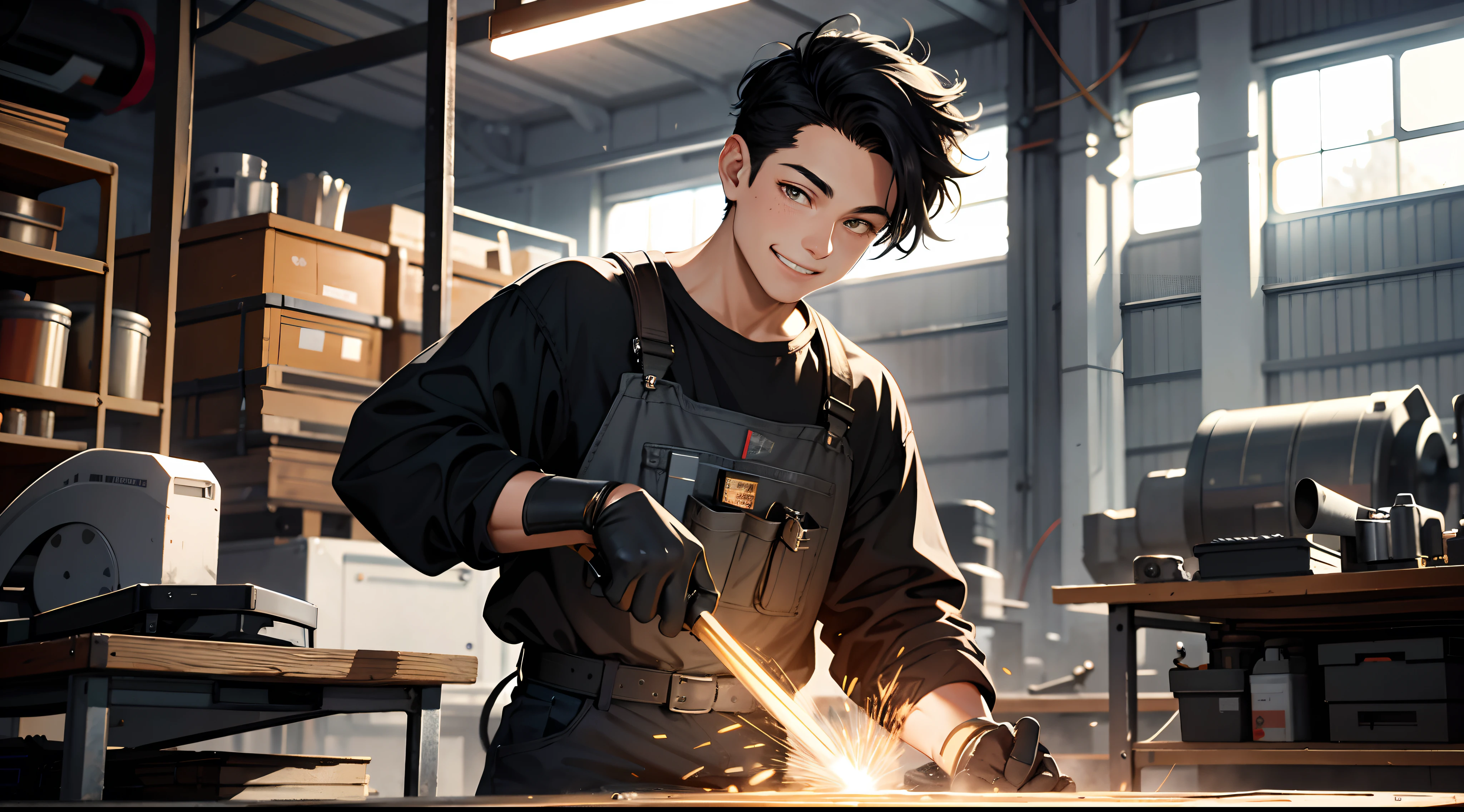 Absurd resolution, high resolution, (masterpiece: 1.4), hyper-detail, young man's messy short black hair, welder dressed up, grinning look, factory high-tech workbench, technology sense screen