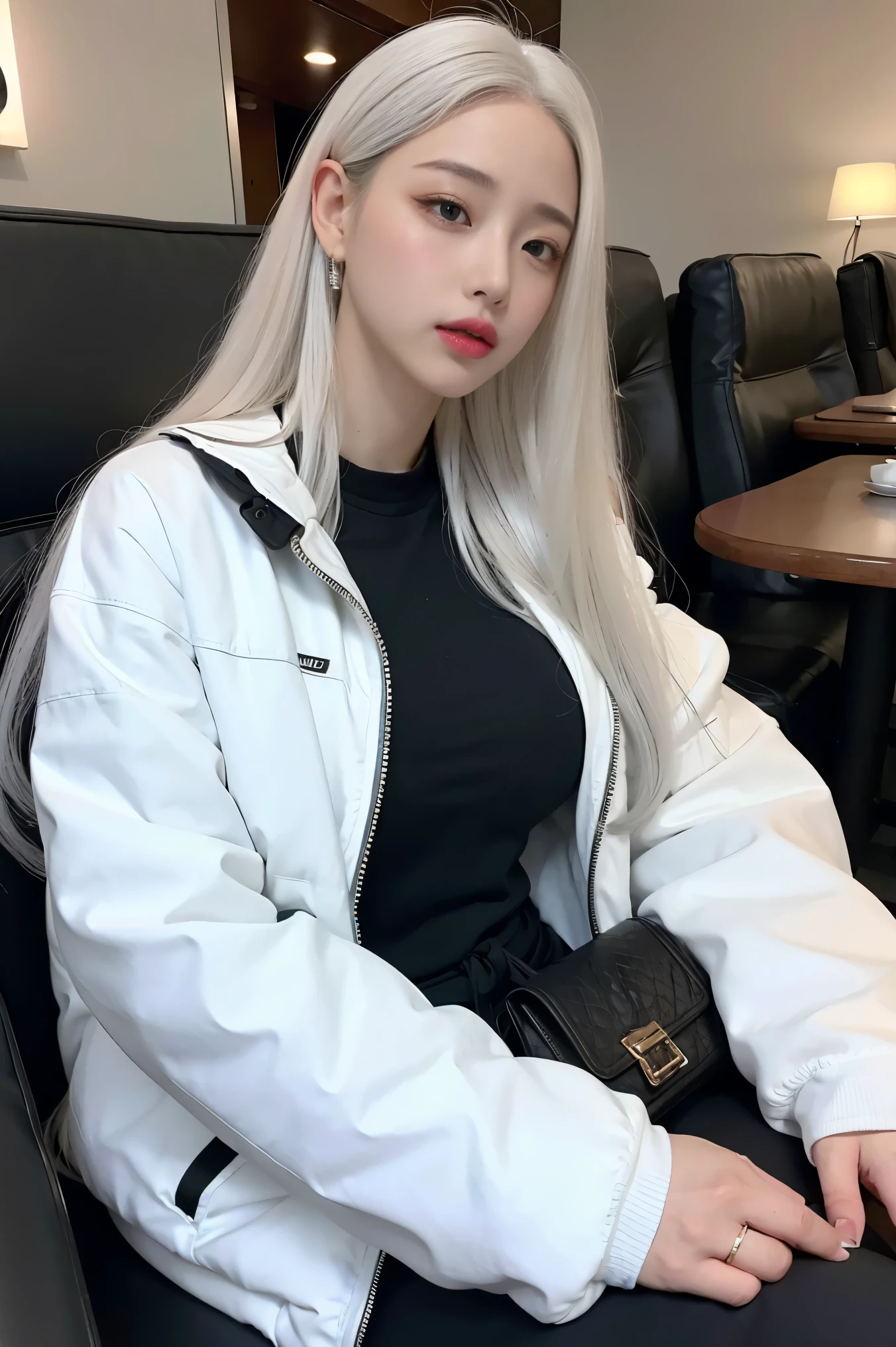 realistic, High resolution, 1 female, glowing skin, alone, wide lips,long hair,straight hair,saggy breasts,small face,white hair,Color Contacts,Black down jacket,Sweat pants,Retro Cafe,up angle,Purse your mouth,Kissing mouth