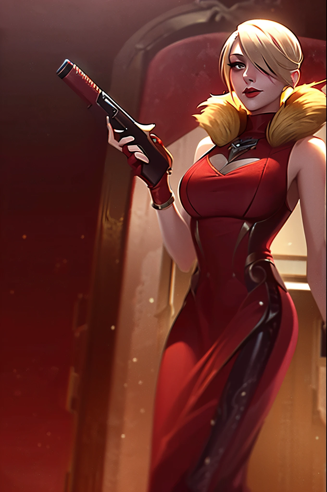 A female blonde woman from the 1930's, wearing a red evening dress and a fur coat, holding a shotgun