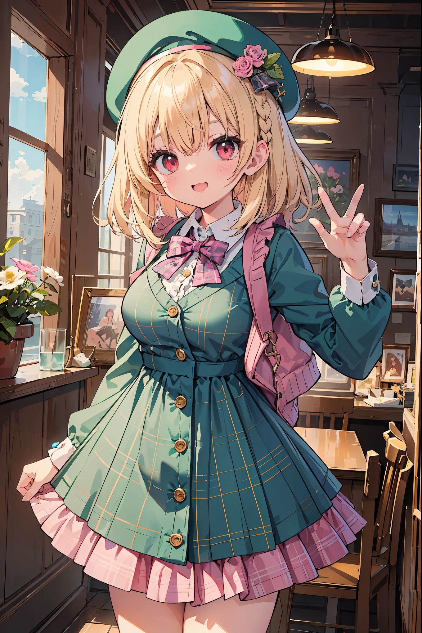 super insane detail、disorganized、ultra high resolution、super detail、highest quality、 1 girl、solo、nice hands、perfect hand-made (Vintage style beret with flower pin:1.3)、(pink&dark green plaid dress:1.5)、(Gold buttons on the front:1.2)、(frills、red bow tie、white blouse:1.4)、(peach cardigan、cable knit patterns:1.3)、(pinkタイツデニール20:1.1)、(mint green mary jane shoes:1.2) best smile、open your mouth、wave your mouth、 あざといcuteポーズ、cowboy shot、slender、Look straight ahead with shining eyes、cute、symmetrical face、超cute女の子、超cute顔、Ultra-fine eyes、super cute hair、超cute、Super beautiful、 stylish clothing design、Super famous world heritage museum、exhibition hall、Historic ancient museum、 big breasts、Soft and jiggling breasts、BREAK (medium hair、braid blonde、silky smooth hair、deep red eyes)、hair between eyes、Nape of neck