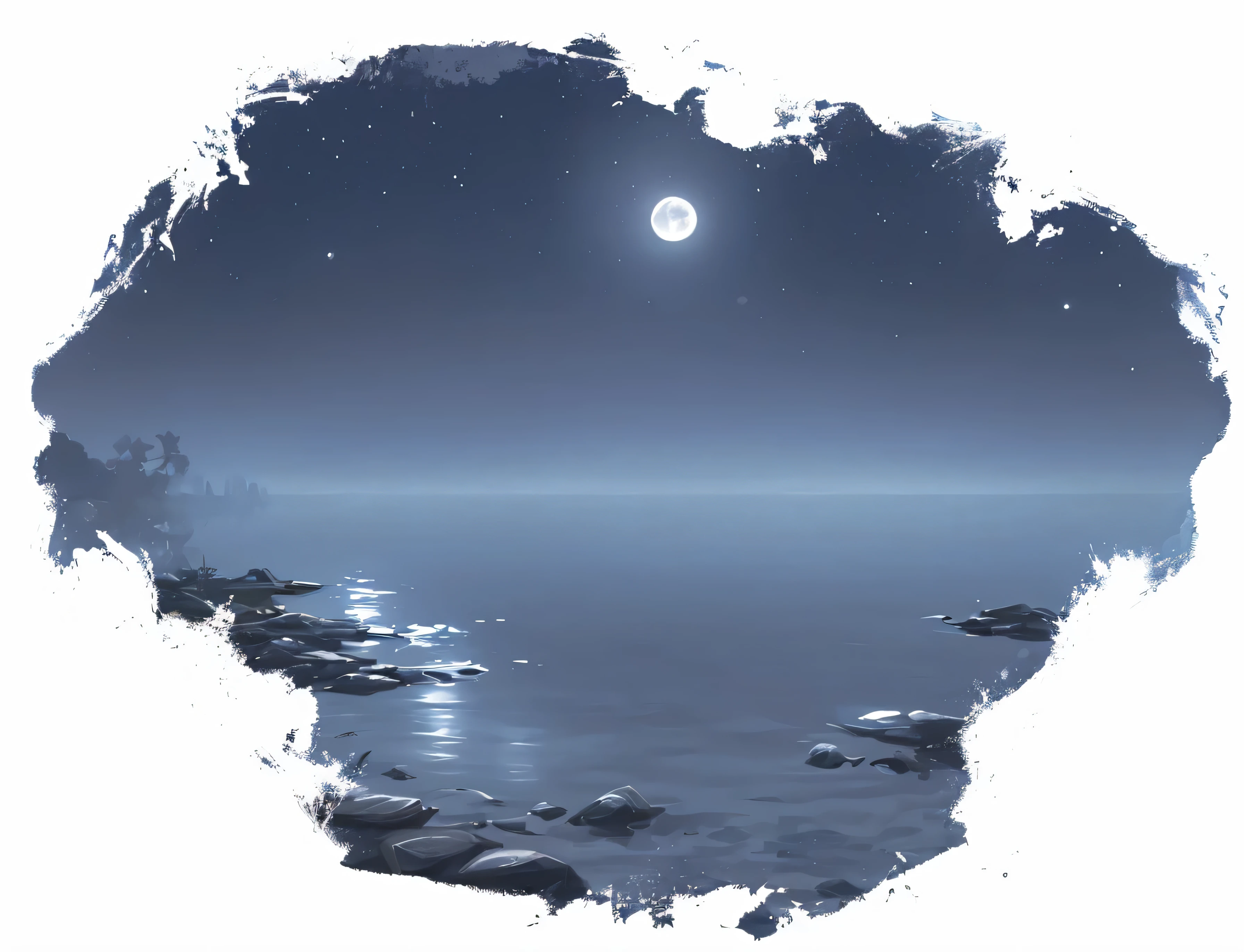 （best quality），Game background，Calm water on a dark night，A bright moon is in the sky，Rich details