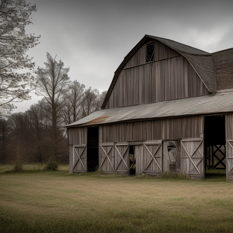 Eerie rural abandoned dilapidated barn, rural village, landscape, (highly detailed, HD), high octane, 8k, high resolution, dramatic lighting, sharp focus, depth of field, masterpiece , top quality, 3D, photorealistic, high quality textures