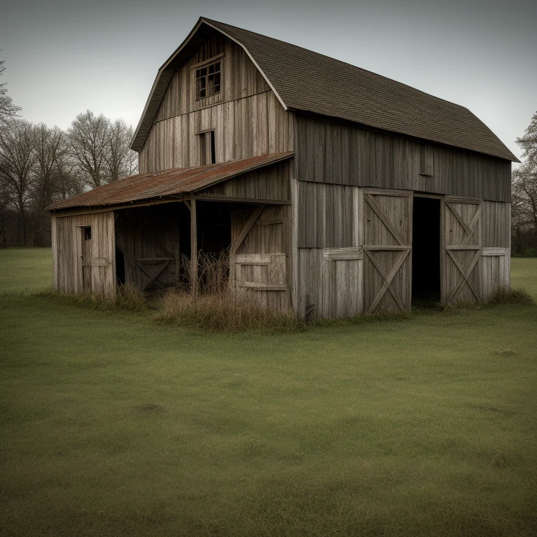 Eerie rural abandoned dilapidated barn, rural village, landscape, (highly detailed, HD), high octane, 8k, high resolution, dramatic lighting, sharp focus, depth of field, masterpiece , top quality, 3D, photorealistic, high quality textures