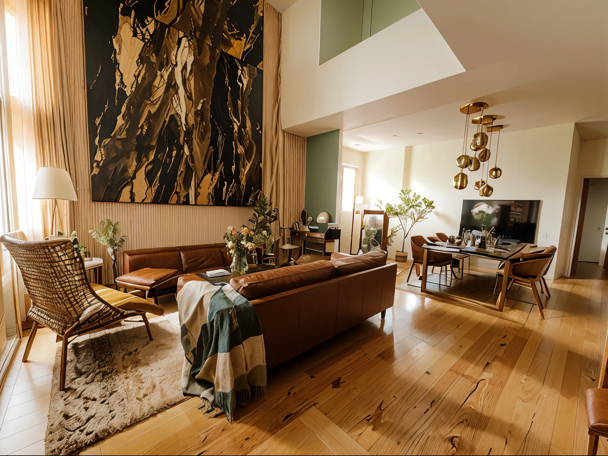 there is a living room with a couch, chair, table and a painting on the wall, with backdrop of natural light, taken with sony a7r camera, living room with split levels, detailed wide shot, taken with sony alpha 9, shot with sony alpha 1 camera, captured on canon eos r 6, taken with canon 8 0 d, filled with natural light