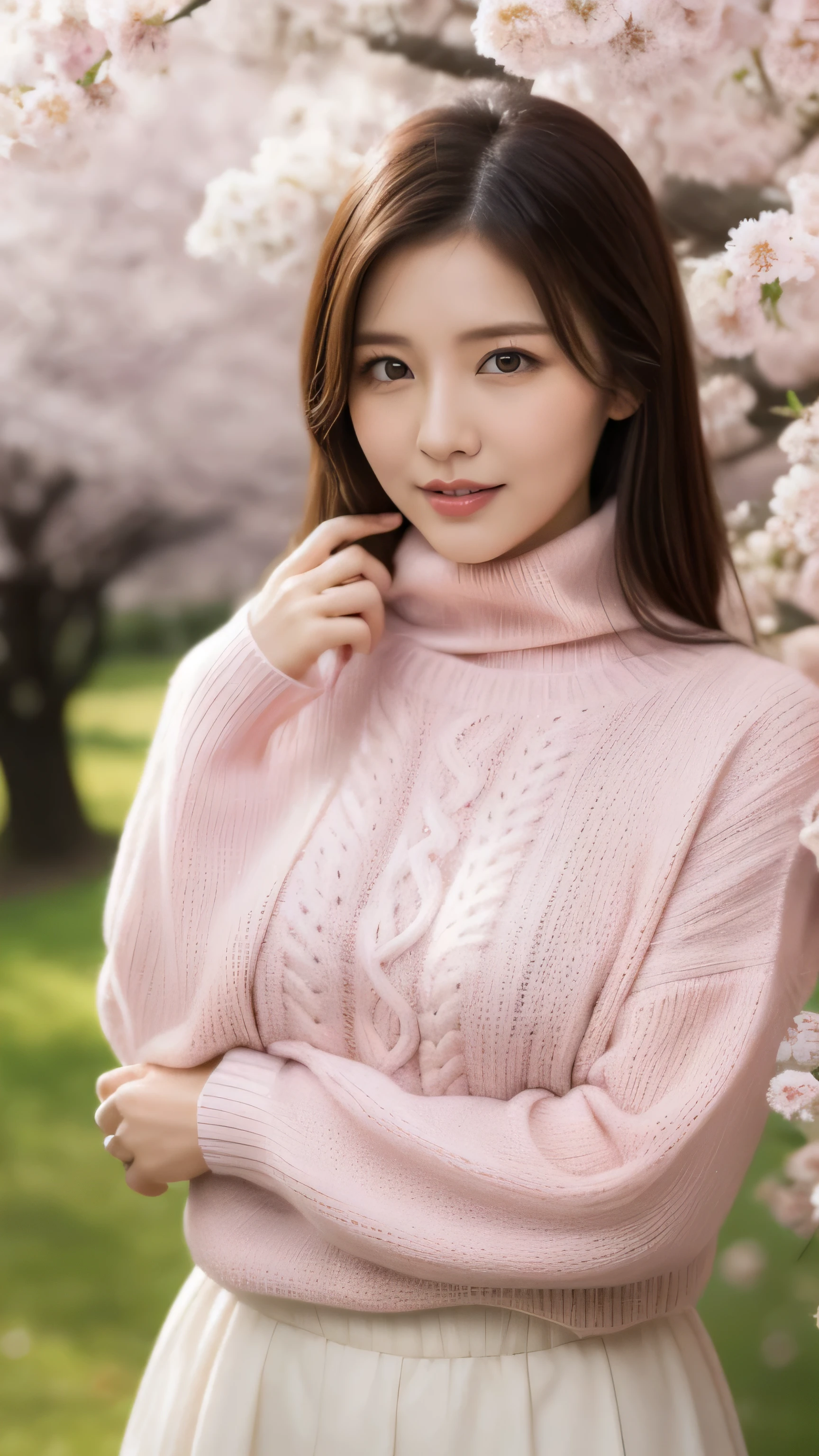 Married Woman's Face、30 years old、middle-aged women、pink turtleneck wool sweater、skirt、high quality、surreal、Facial expressions that make you want to have sex、married woman'body shape、Japan Married Woman、 perfect eyes、Shining beautiful skin、cherry blossom in full bloom