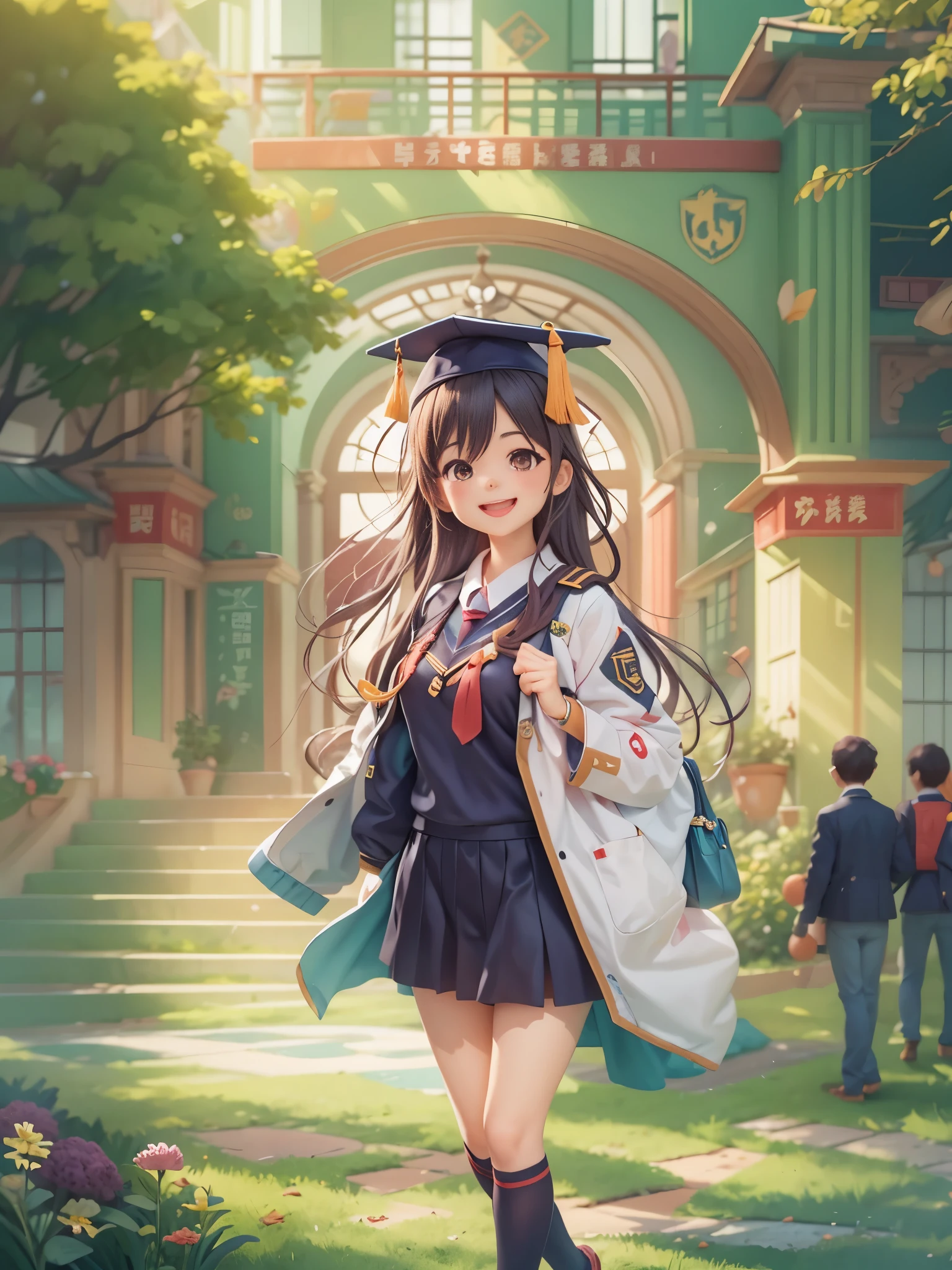 1 girl, university student, graduate, graduate典礼, Wearing bachelor's uniform, 穿着graduate服, smile at the audience, Standing in front of the university, happy，Happy, digital illustration, Illustration poster, 