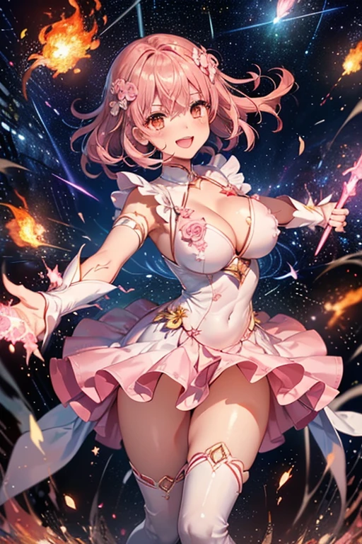 masterpiece,detailed,shiny skin,1girl,Japanese woman in her late teens ,(Magical Girl),(have a magic wand in hand:1.3),standing,big breasts,(cleavage),big ass,(thighs focus),pink long blonde,brown eyes,(square hanging eyes),precisely drawn face,(Intricate pink and white dress),layered dress, White leather knee-high boots, vibrant contrasting colors, intricately designed details,(1thumb and 4fingers:1.3),(heart-shaped pink hair ornament),(dynamic pose),(wide smile:1.3),(Attack with pyrokinesis:1.5),(flying in the starry night sky:1.3)