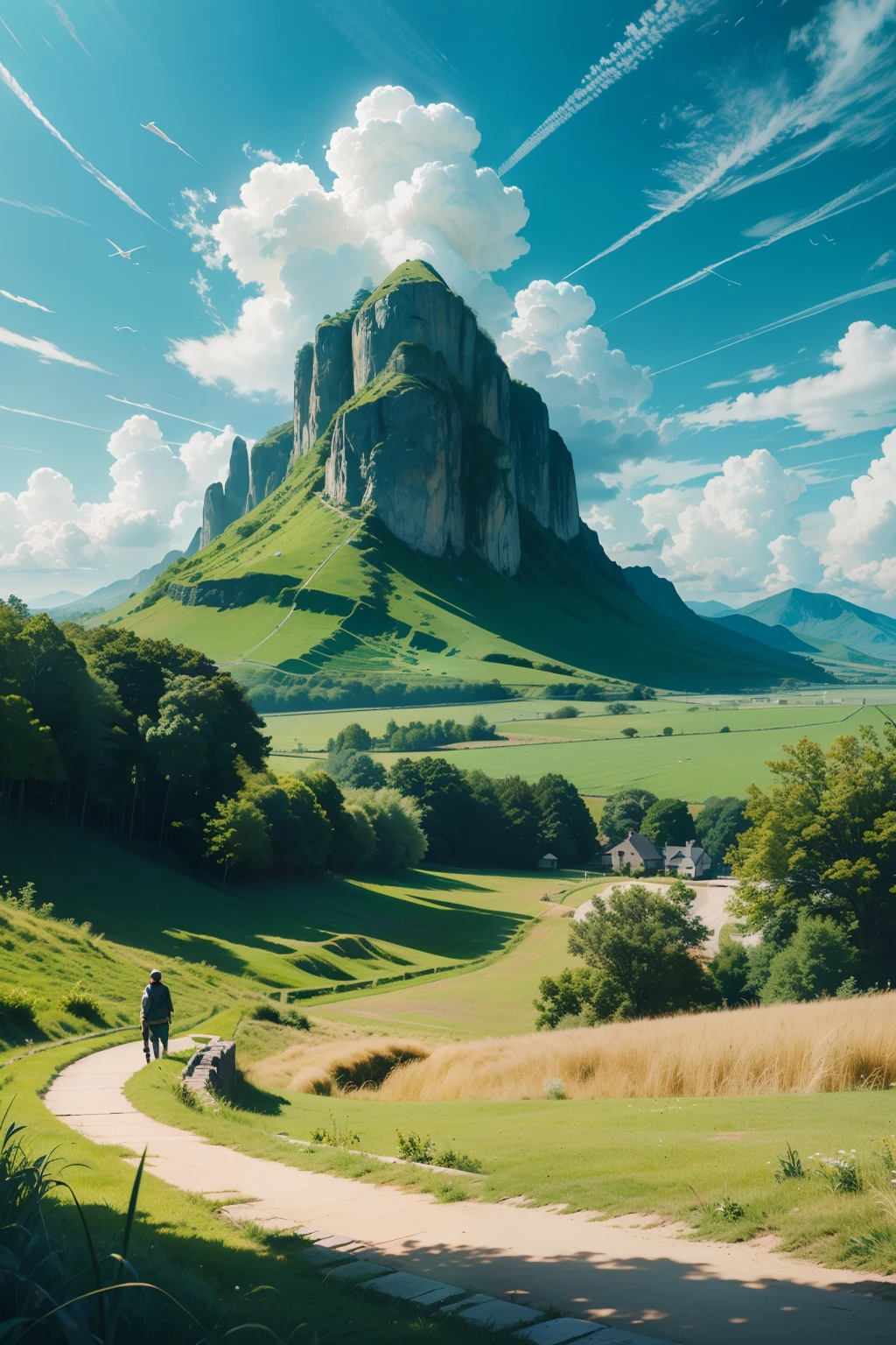 (Top Quality, 4:3 Ratio), Masterpiece, Best quality landscape, Lush and verdant grass field, (Ultra-realistic), Cloudy sky with soft, fluffy clouds, (Extremely detailed textures), Fine-grained blades of grass, Realistic and photorealistic depiction of clouds, (Distinct and Clear), Subtle highlights and shadows, (Breathtaking Aesthetic), Calming and peaceful, (Ultra high definition), High resolution textures and details.