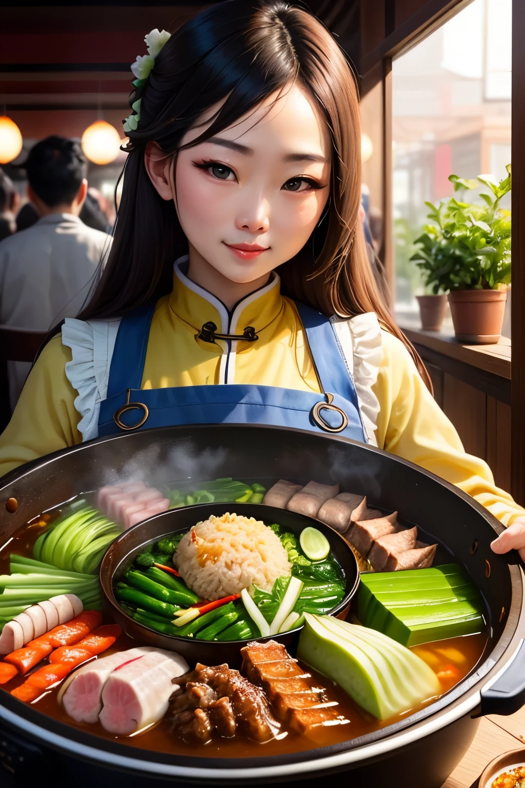 detailed,A beautiful woman has a Chinese hotpot in front of her,Fat cattle,lamb leg,Green vegetables,There are many delicacies on the table