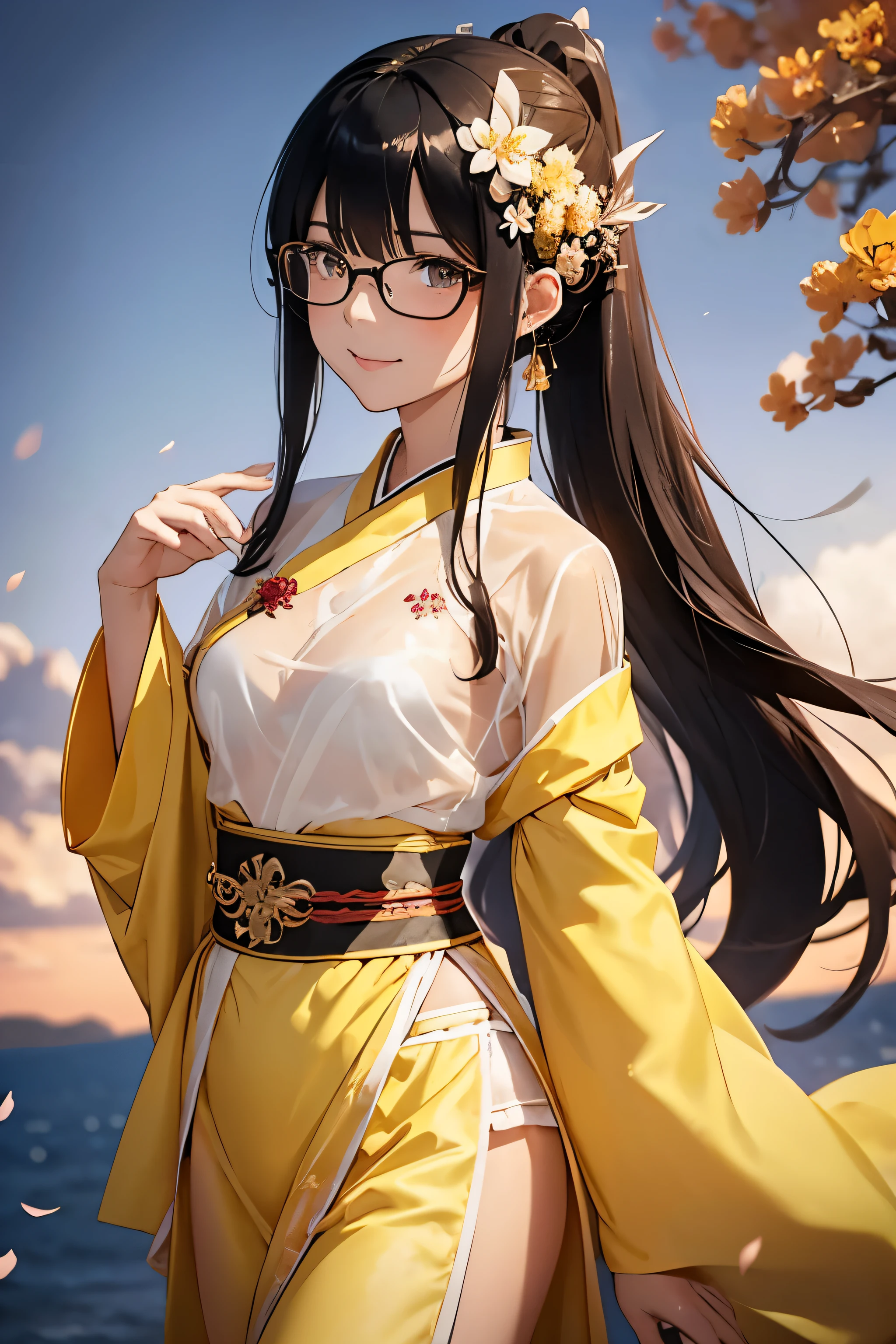 beautiful girl, black hair in a ponytail, smooth, hair accessories, wear glasses, bright smile, small breasts, Thin waist, (Wear Hanfu ((see through)) with many layers of intricate details (Light yellow)) , Clothes flutter in the wind., seductive dance, The background is an island with only peach trees in bloom., Many peach blossom petals flutter., morning light, anime, High quality