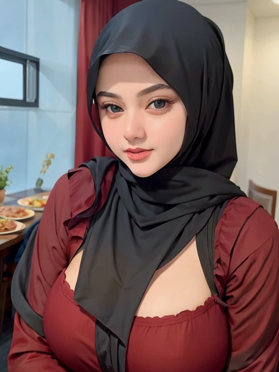 Extremely beautiful white Arab woman, well-defined and expressive dark eyes, dressed in red hijab, black abaya and black niqab with two irregular red stripes.
She is holding in her hands a delicious and appetizing Arabic esfiha.