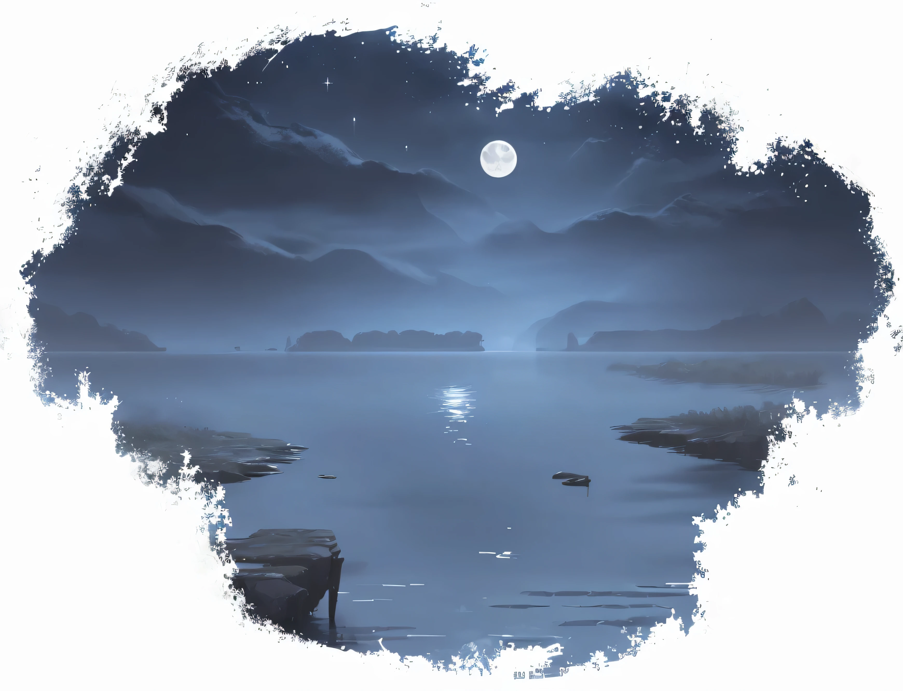 (best quality),Game background,Calm water on a dark night,A bright moon is in the sky