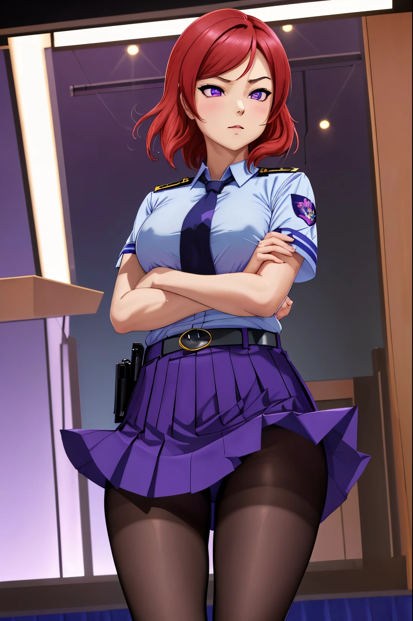 masterpiece, best quality,8k wallpaper,nishikino maki, purple eyes,breasts, large_breasts, shirt, standing, short_sleeves, pantyhose, necktie, belt, uniform, blue_skirt, v-shaped_eyebrows, black_pantyhose, crossed_arms, pencil_skirt, blue_necktie, police_uniform
