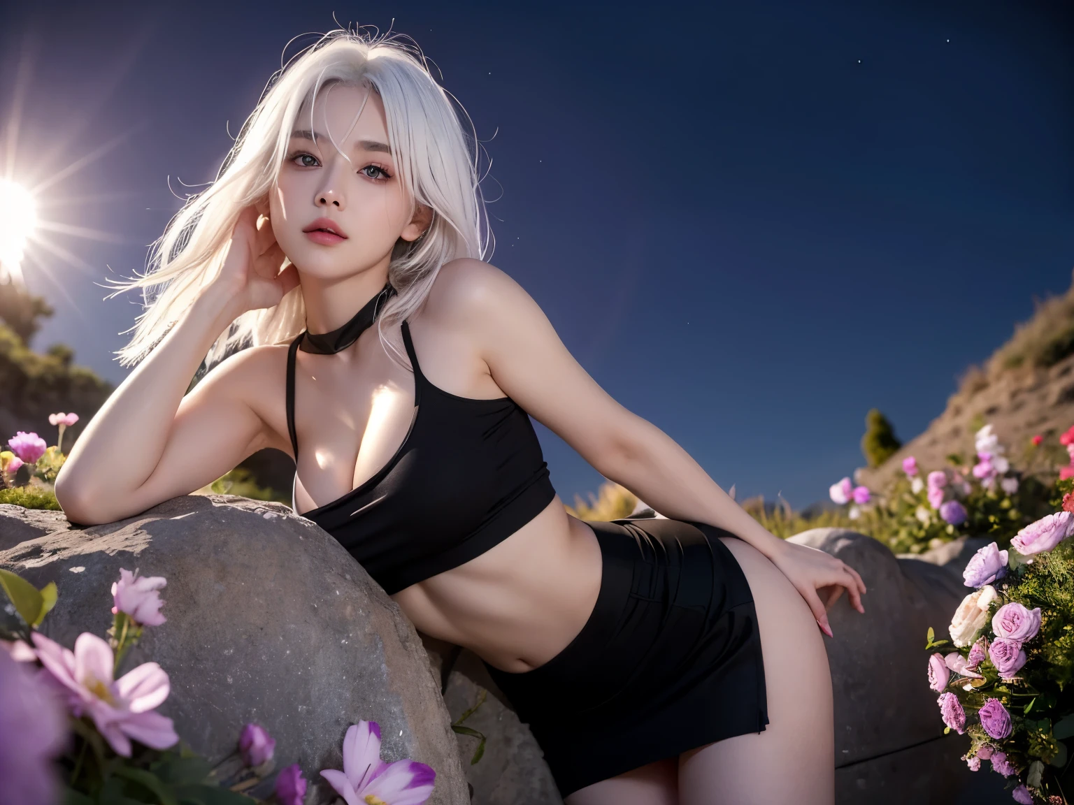 actual, 1 girl, white hair, purple eyes, glowing eyes,wearing black，Exposed breasts and big butt，crop top, skirt, open lips, blush, night, flowers, sun, sunlight