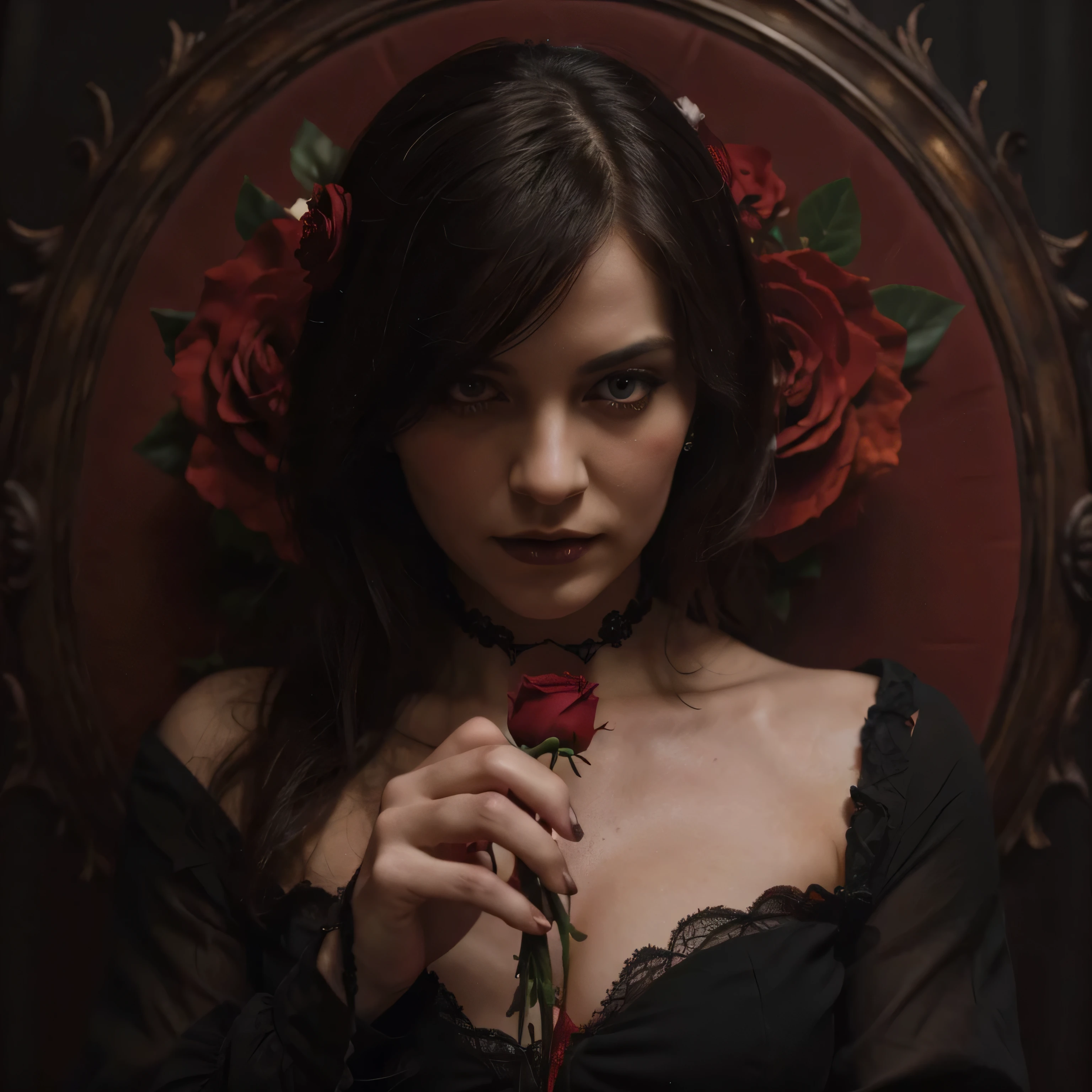 (Mejor calidad,high resolution:1.2),oil painting,mano de mujer detallada,centrado,sosteniendo una rosa roja,fading petals,Gothic style,oscuro y vibrante, Detalles de BLOOD,small flickering flame