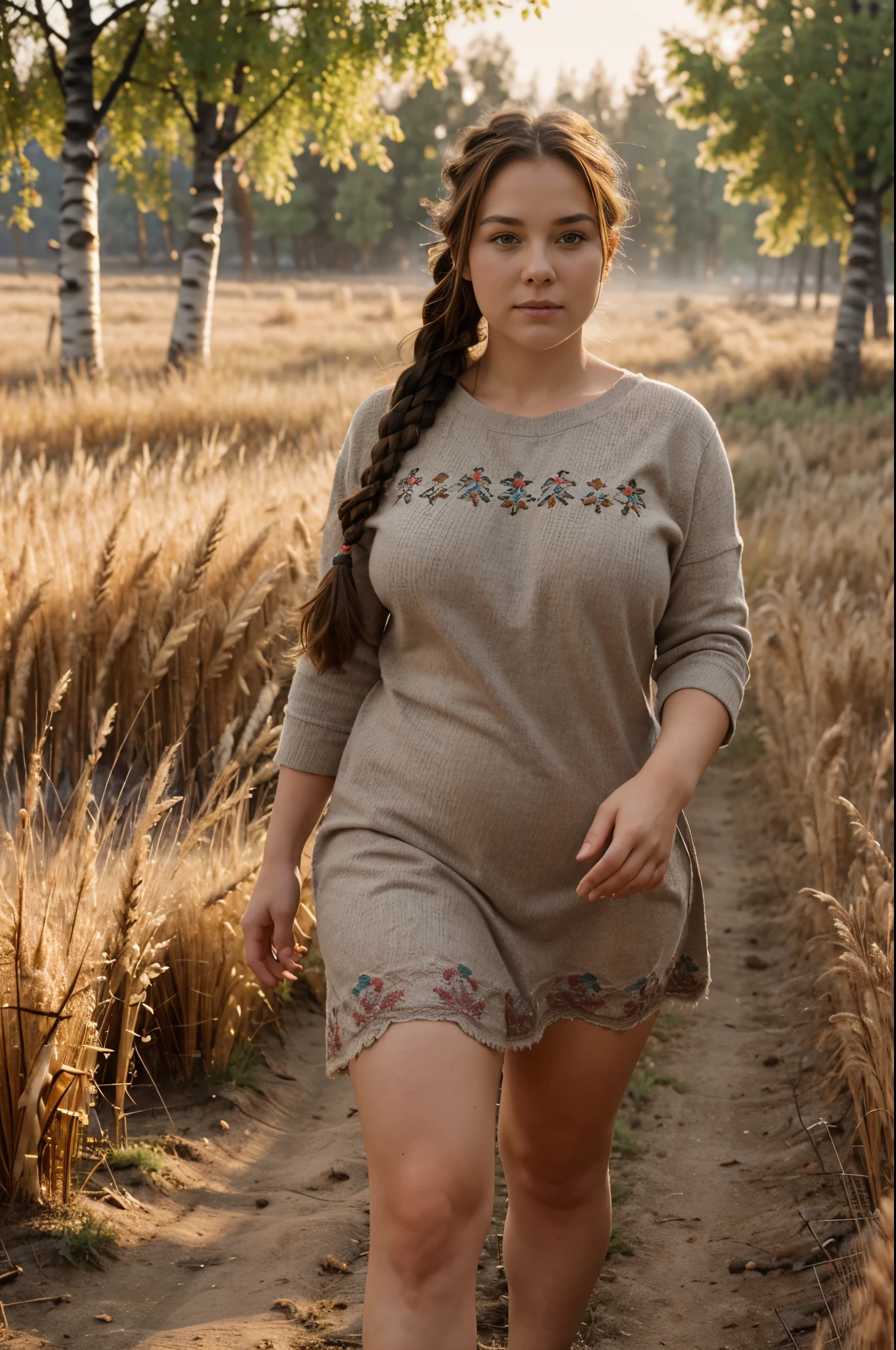 a plump woman with brown hair in a braid in a Russian shirt with embroidery without a skirt walks across a field, bare hairy pubis visible, ears of wheat, early morning, fog, full face, against the backdrop of a birch grove