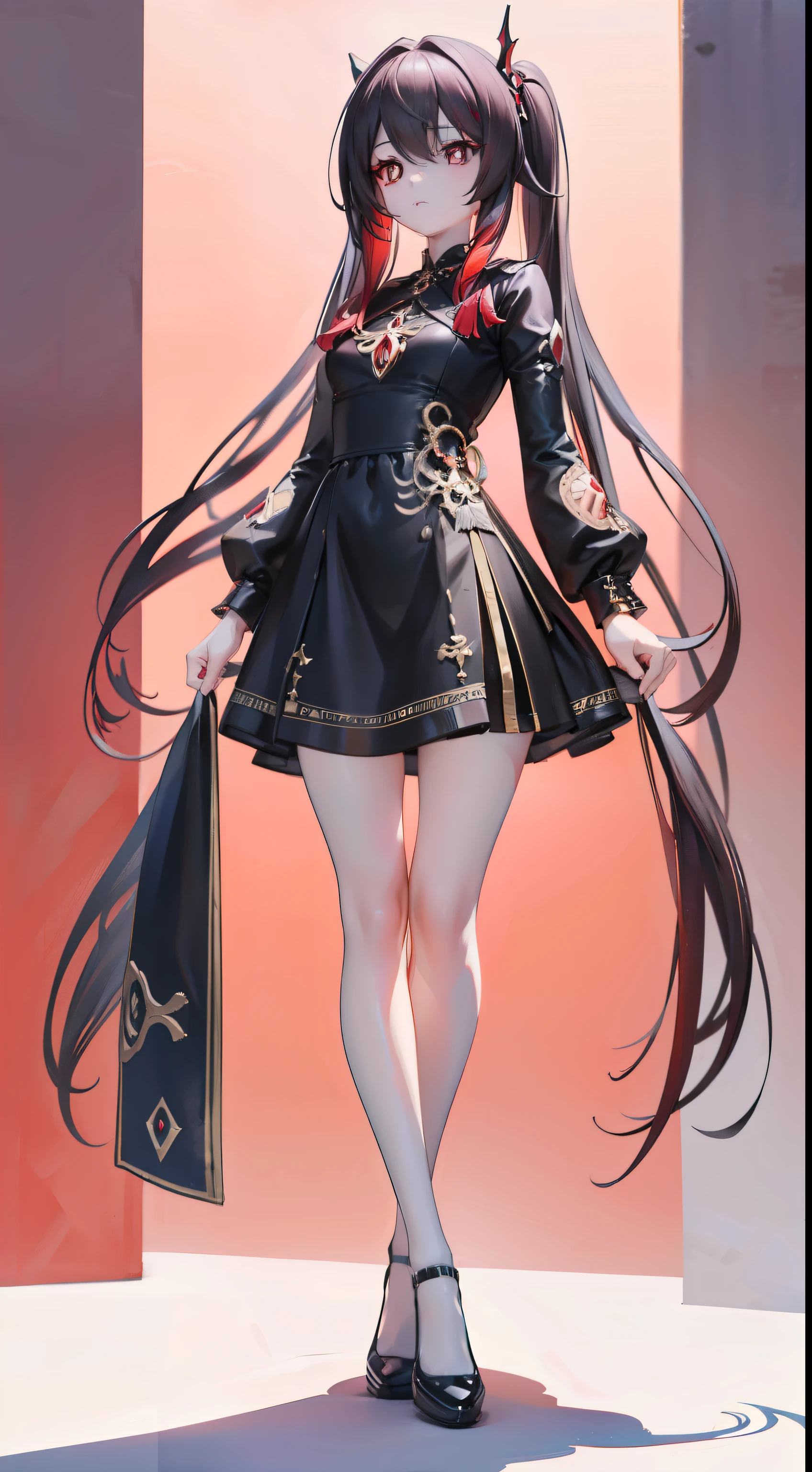 masterpiece:1.8,high resolution, sharp focus, (super detailed, Very detailed), (realistic artwork:1.37),(Very detailed CG unity 8k wallpaper),((Synthwave background theme)),(((bright colors))),(intricate background),(masterpiece),(best quality),Beautiful and charismatic characters，Her appearance is very striking。Have silky long hair，And a pair of bright big eyes，(((red eyes:1.3))),complicated eyes,beautiful and delicate eyes,Her face is delicate，Give people a kind of tenderness、elegant feeling，devil girl，dark style，small leather shoes，The design of this dress is very beautiful，It also suits her figure very well。